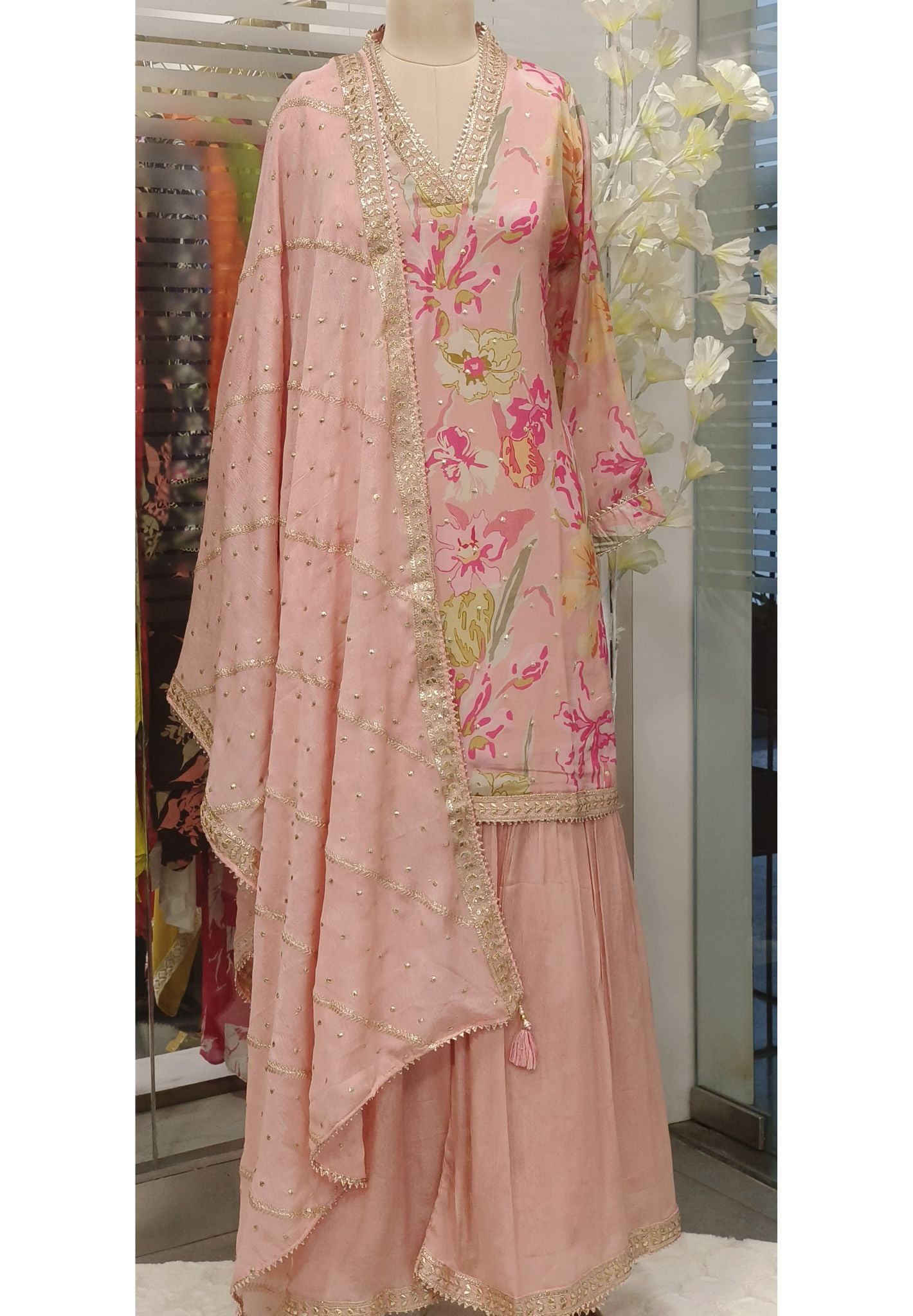 V-Neck Gotapatti Work Floral Printed Sharara Full Set-08011