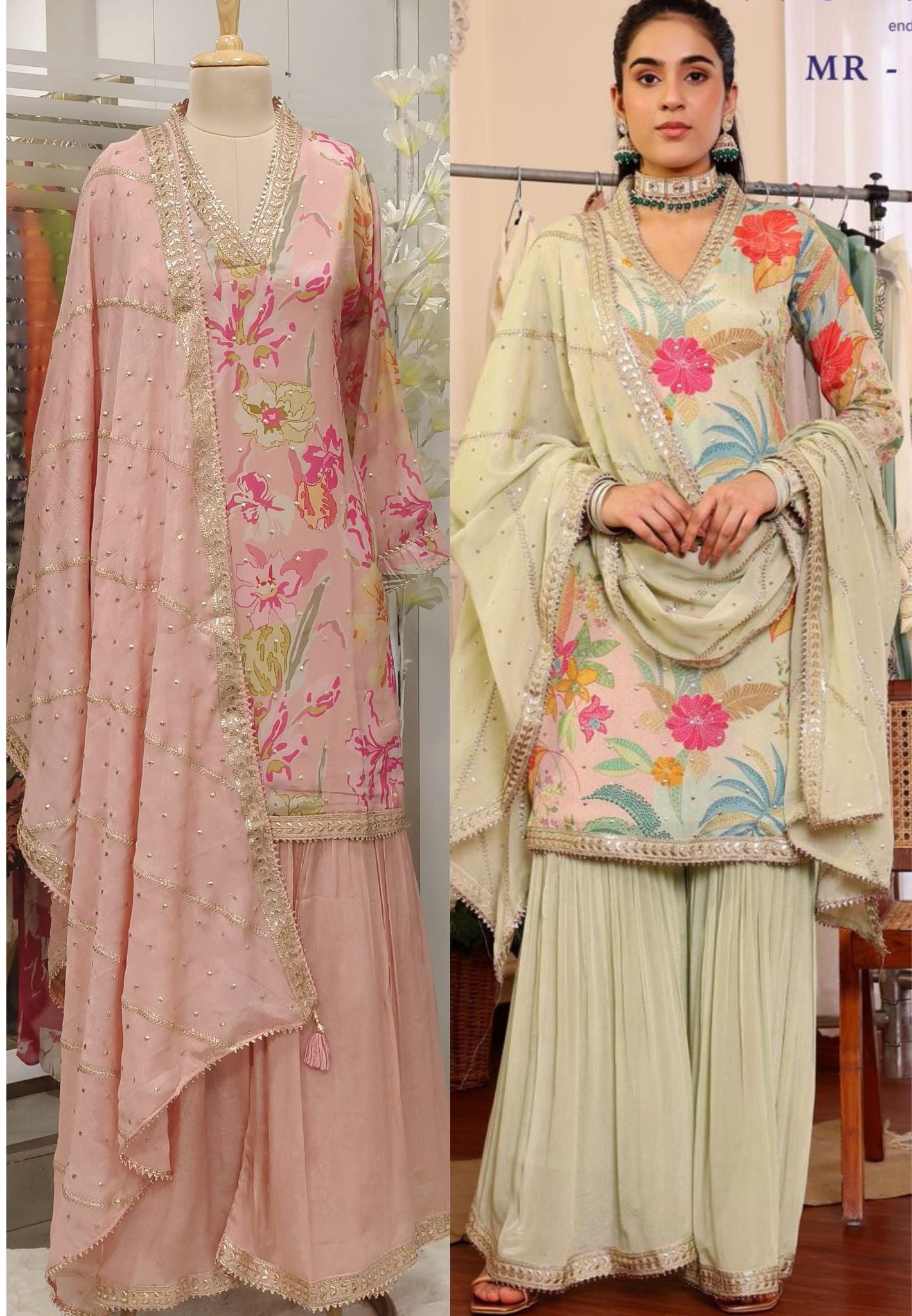 V-Neck Gotapatti Work Floral Printed Sharara Full Set-08011