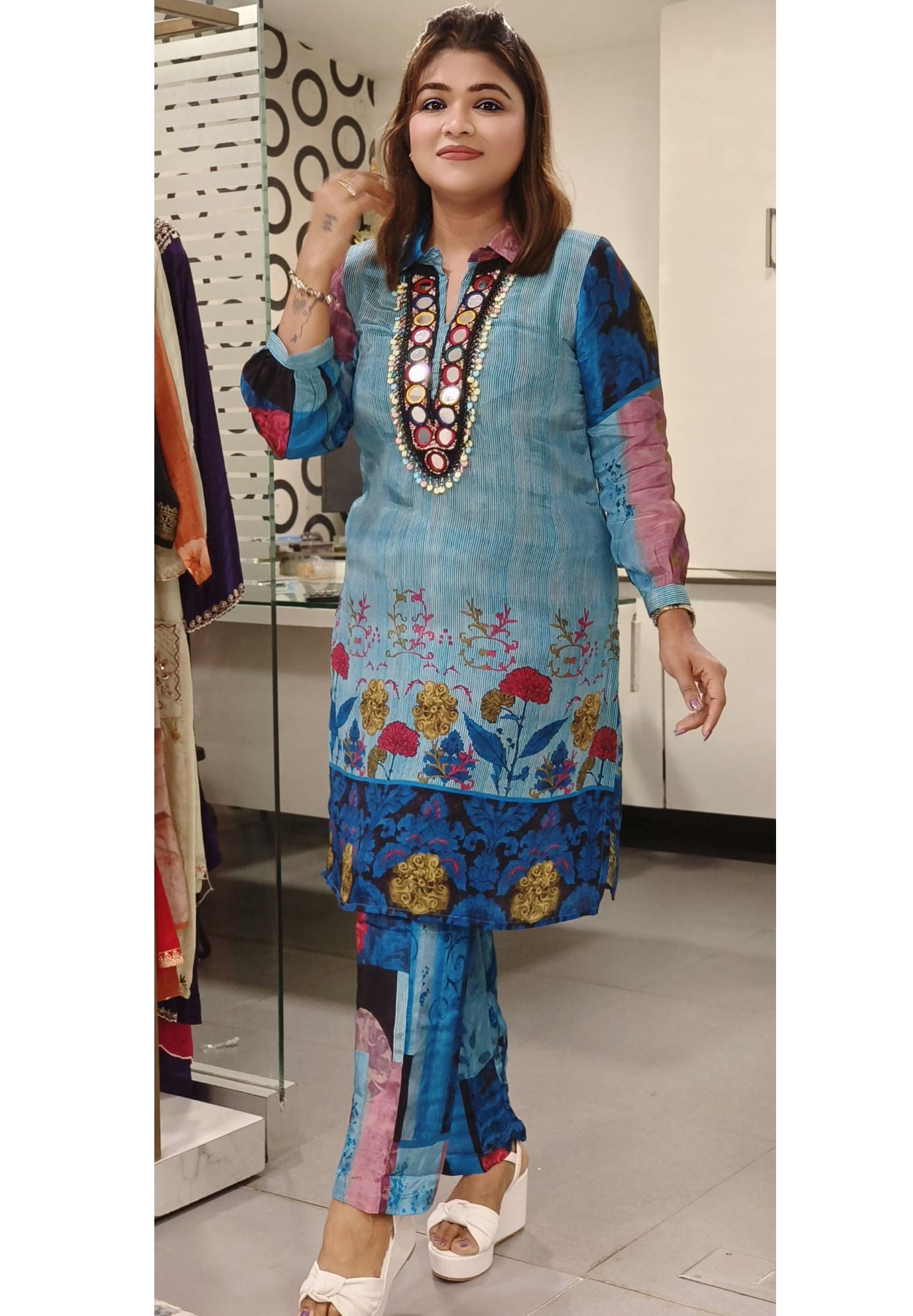 Beautiful Crape Neck Embroidery Real Mirror Work Co-Ord set-08110