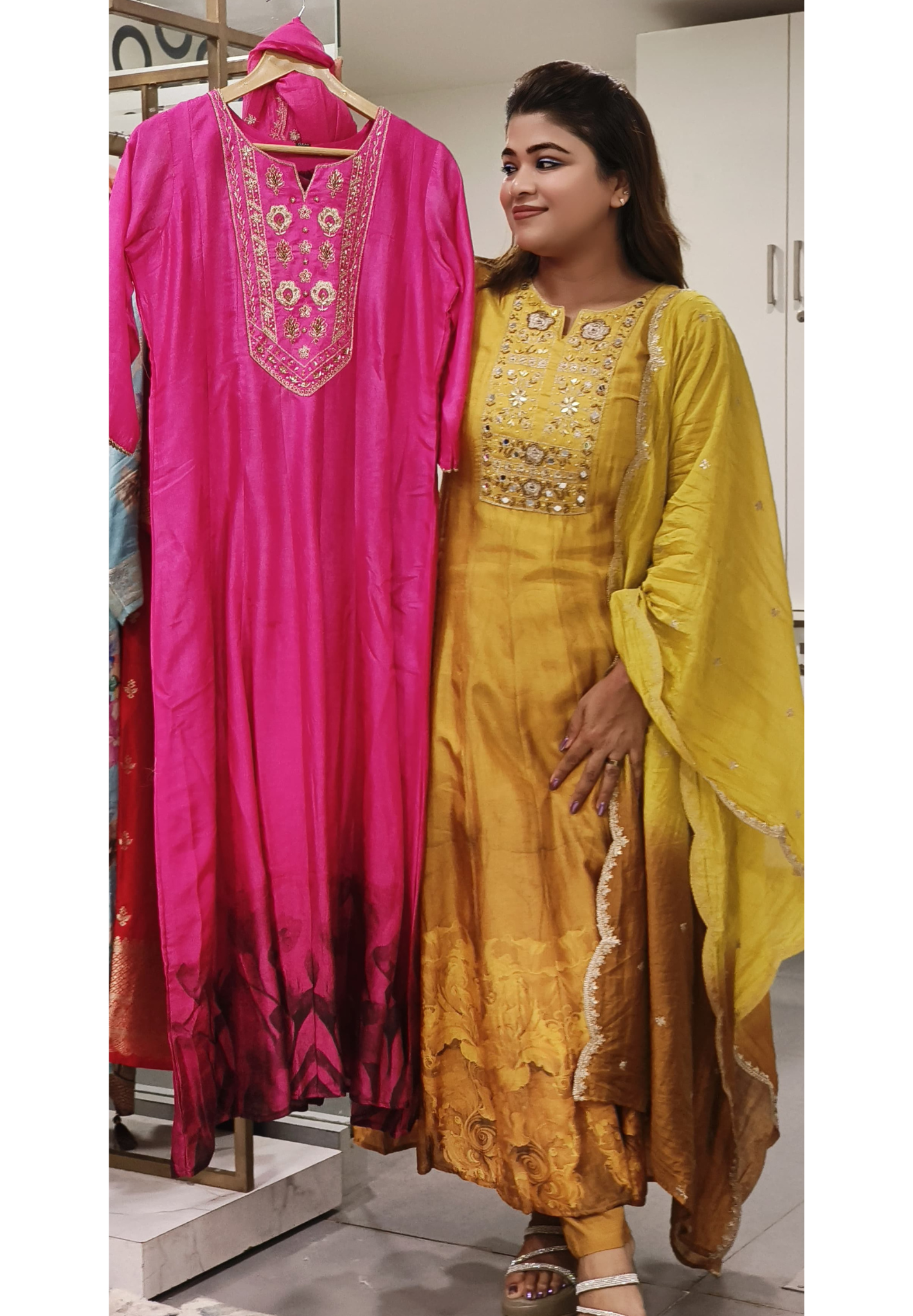Beautiful Shaded Dola Silk Real Mirror Work And Zardozi Embroidery Anarkali Full Set-08077