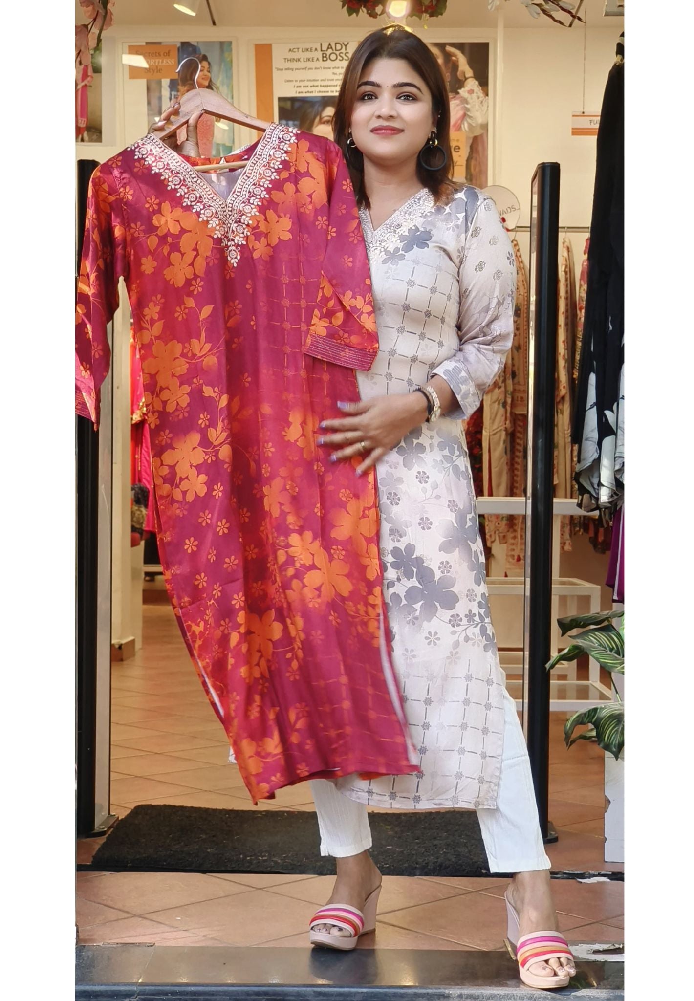 Modal Satin Floral Print  V-Neck Embroidery Only Kurti-08161-62