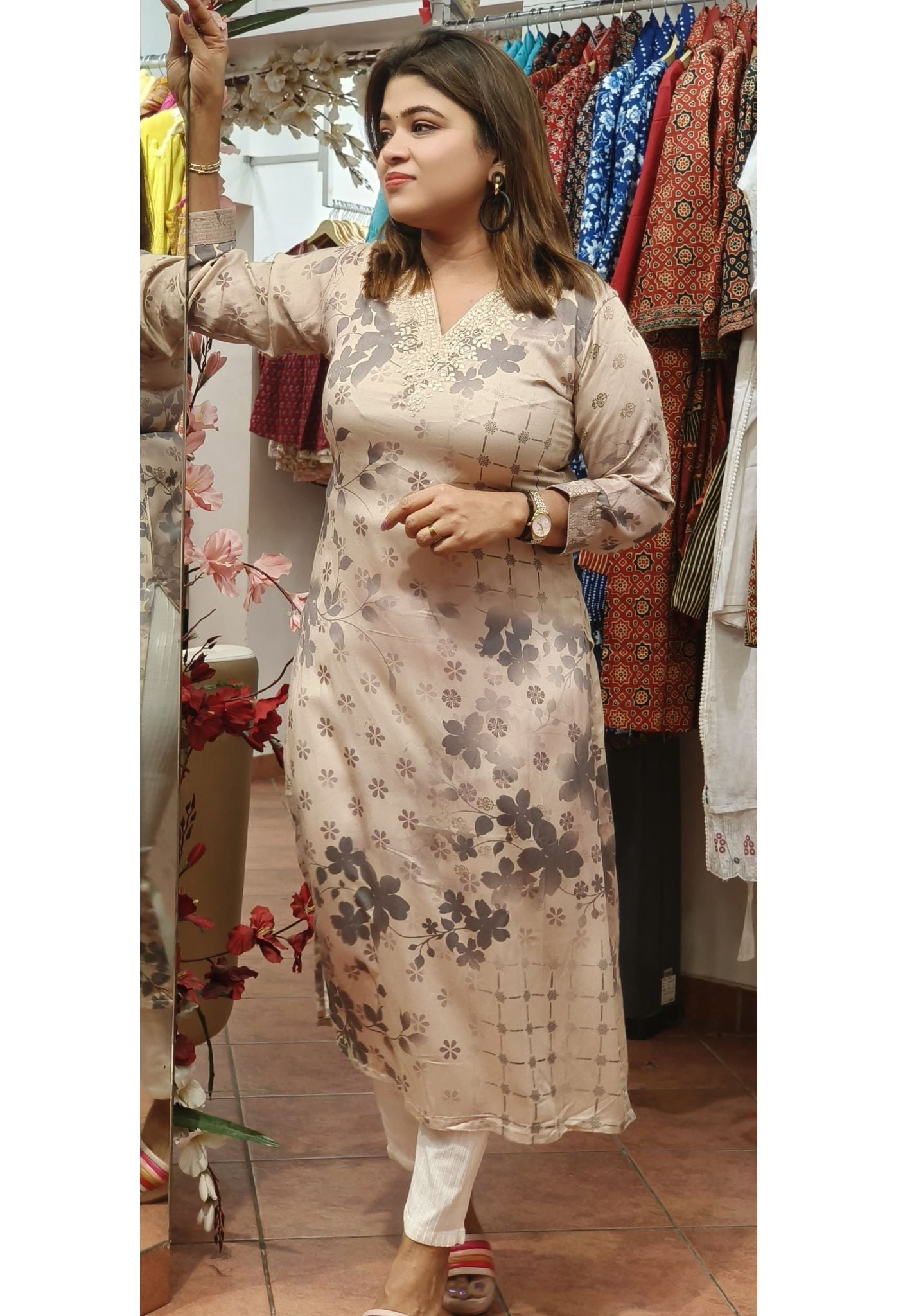 Modal Satin Floral Print  V-Neck Embroidery Only Kurti-08161-62