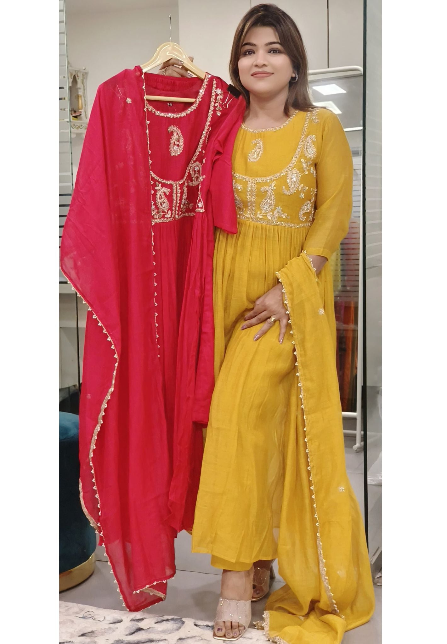 Mul Chanderi Beautiful Yoke  Embroidery Anarkali Full Set-08264