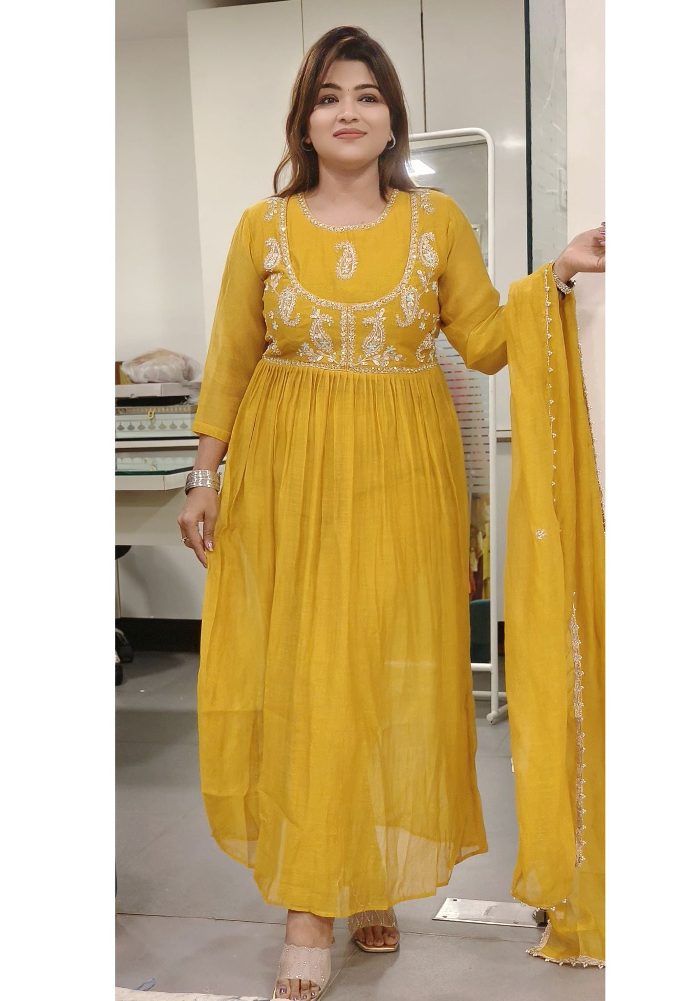 Mul Chanderi Beautiful Yoke  Embroidery Anarkali Full Set-08264