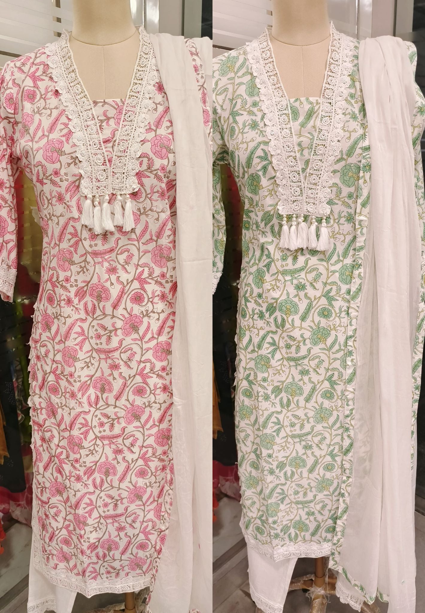 Crosia Lace Floral Printed Cotton Neck Embroidery Lace Kurta Pant and Dupatta-08245