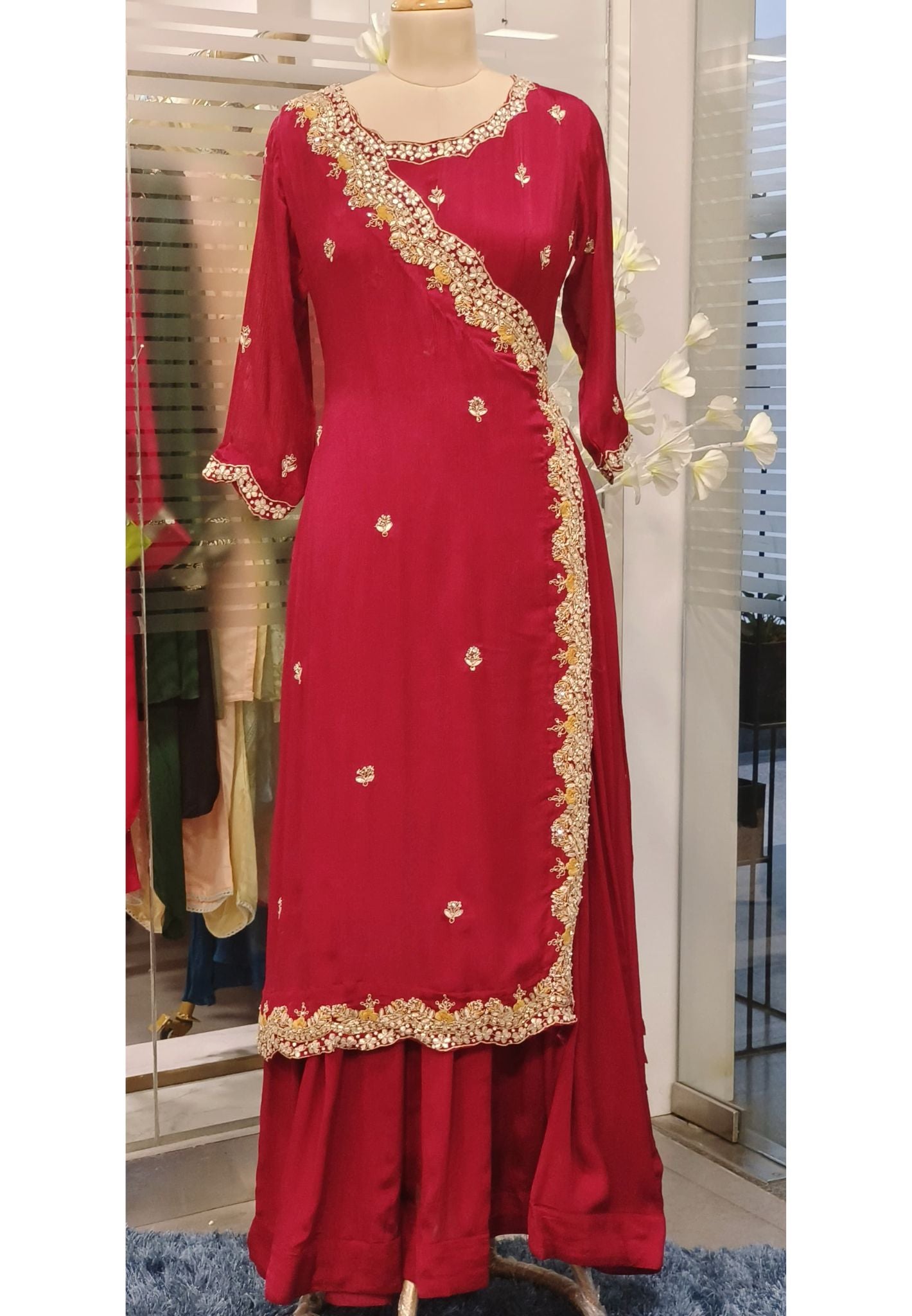Designer Chinon Angrakha Pattern Zardosi  hand embroidered Work  Gown with flap style Gown
