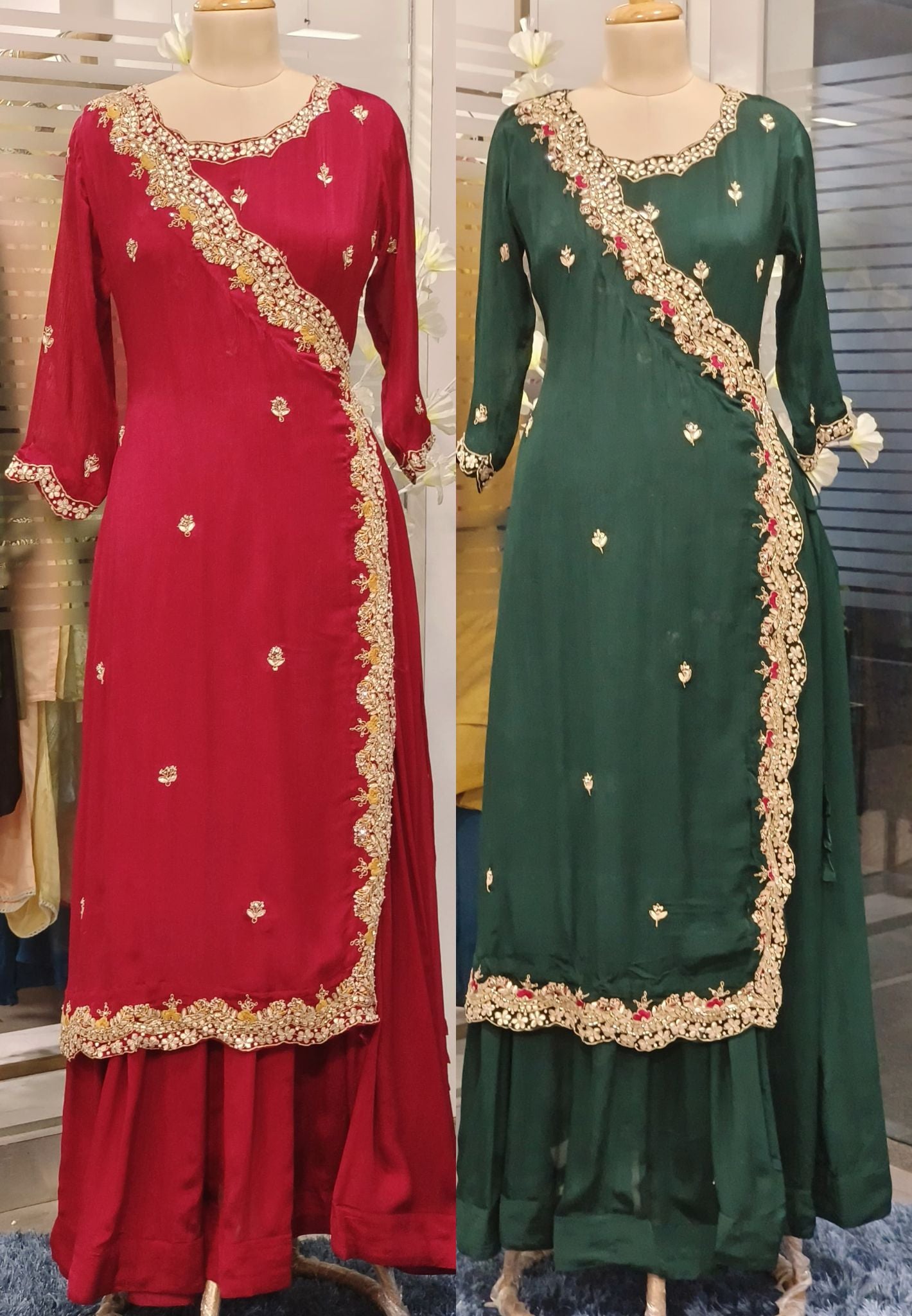 Designer Chinon Angrakha Pattern Zardosi  hand embroidered Work  Gown with flap style Gown