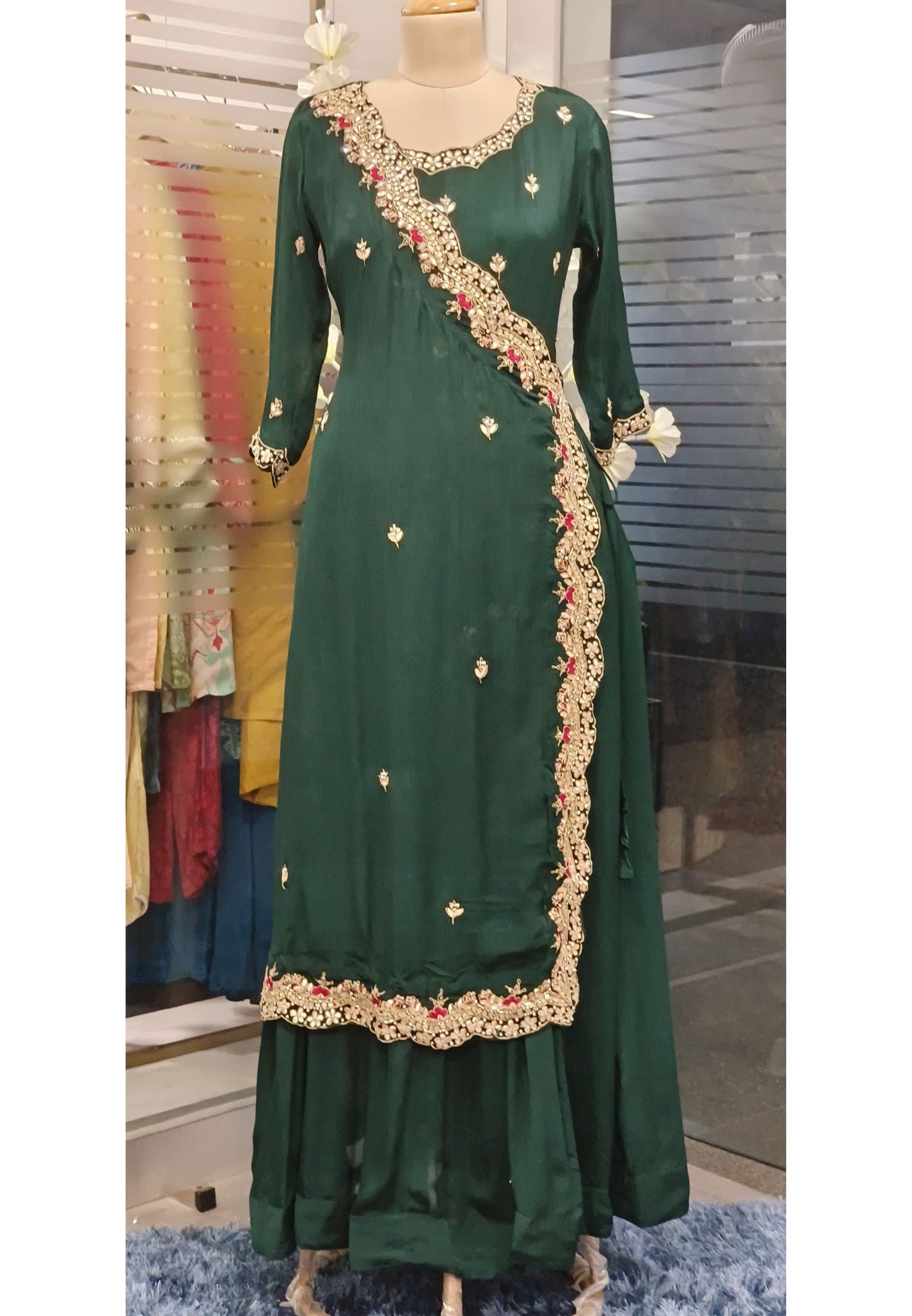 Designer Chinon Angrakha Pattern Zardosi  hand embroidered Work  Gown with flap style Gown