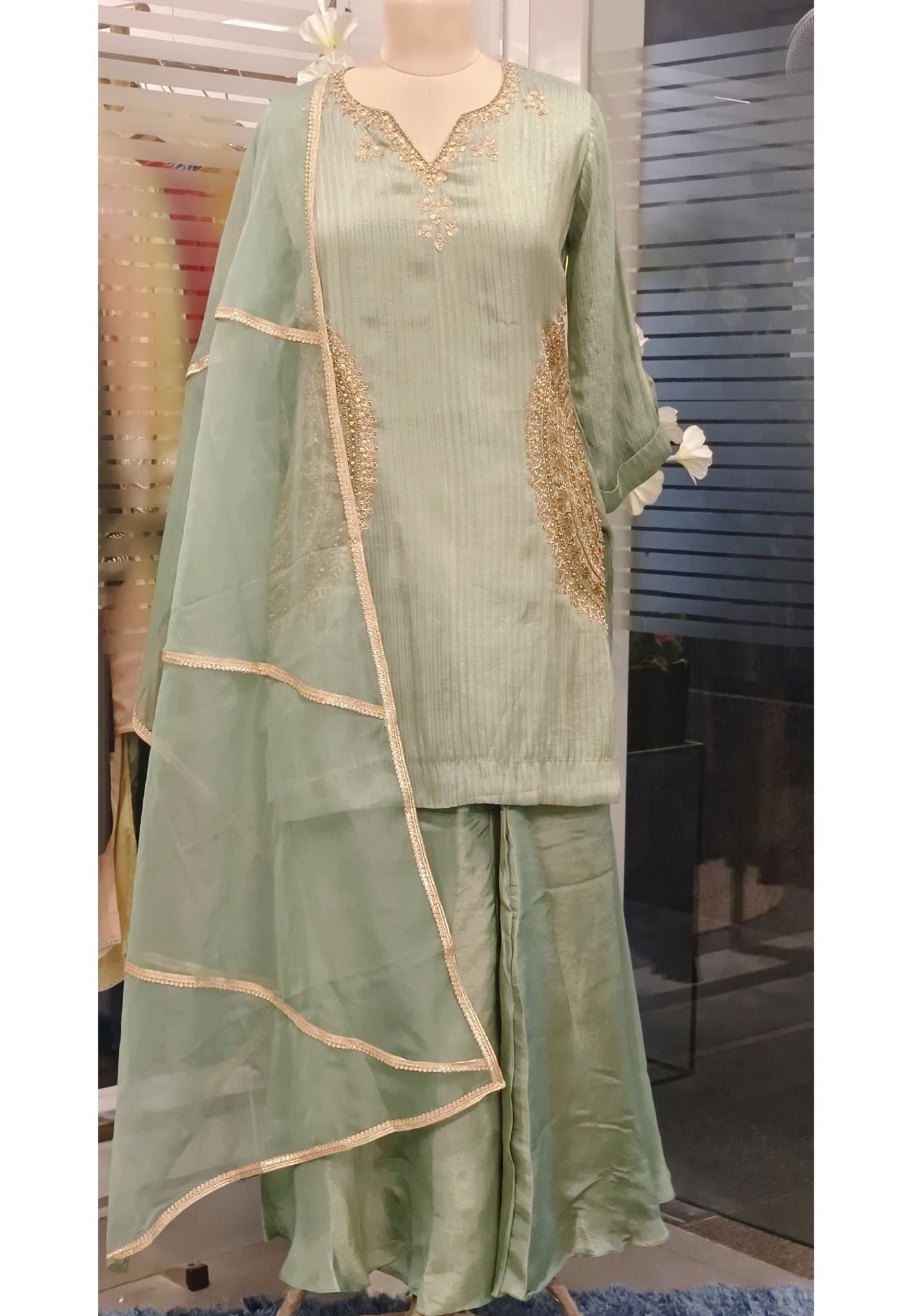 Beautiful Zardozi Embroidered Kurta Shimmer Tissue Sharara With Organza Dupatta-