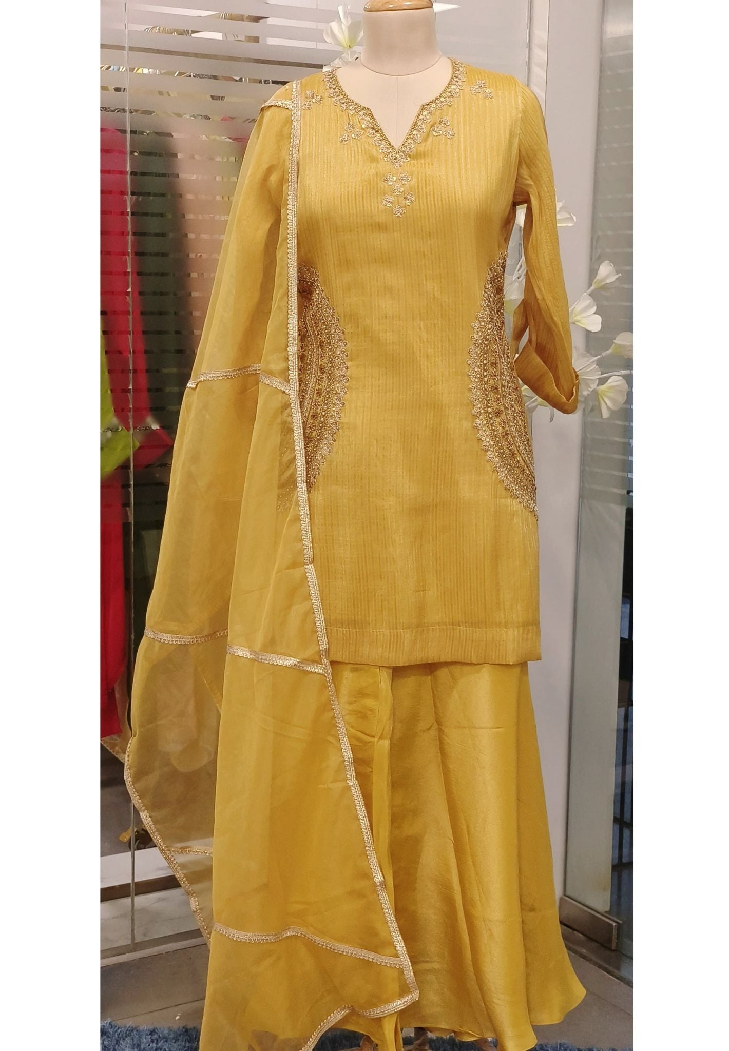 Beautiful Zardozi Embroidered Kurta Shimmer Tissue Sharara With Organza Dupatta-