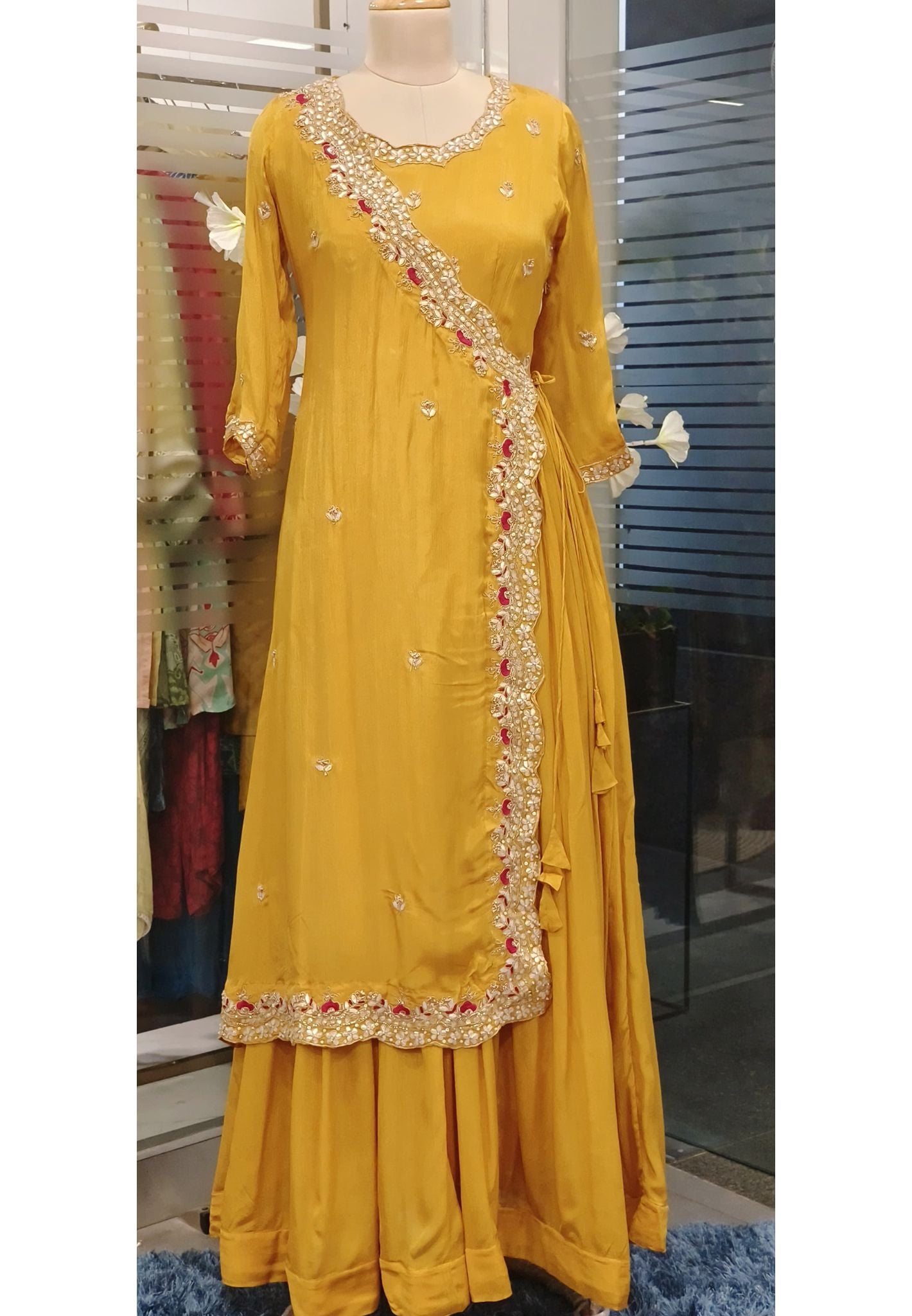 Designer Chinon Angrakha Pattern Zardosi  hand embroidered Work  Gown with flap style Gown