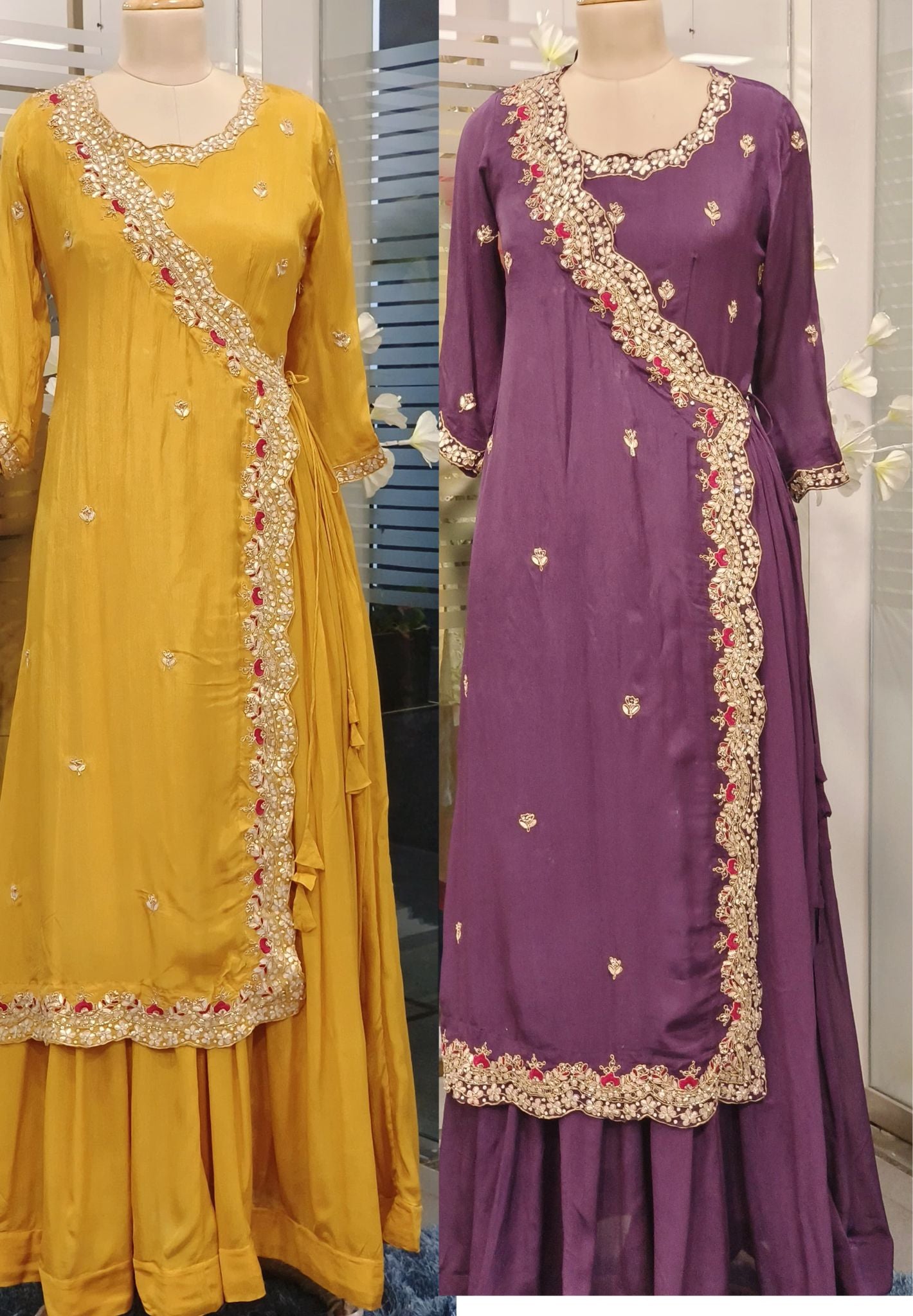 Designer Chinon Angrakha Pattern Zardosi  hand embroidered Work  Gown with flap style Gown
