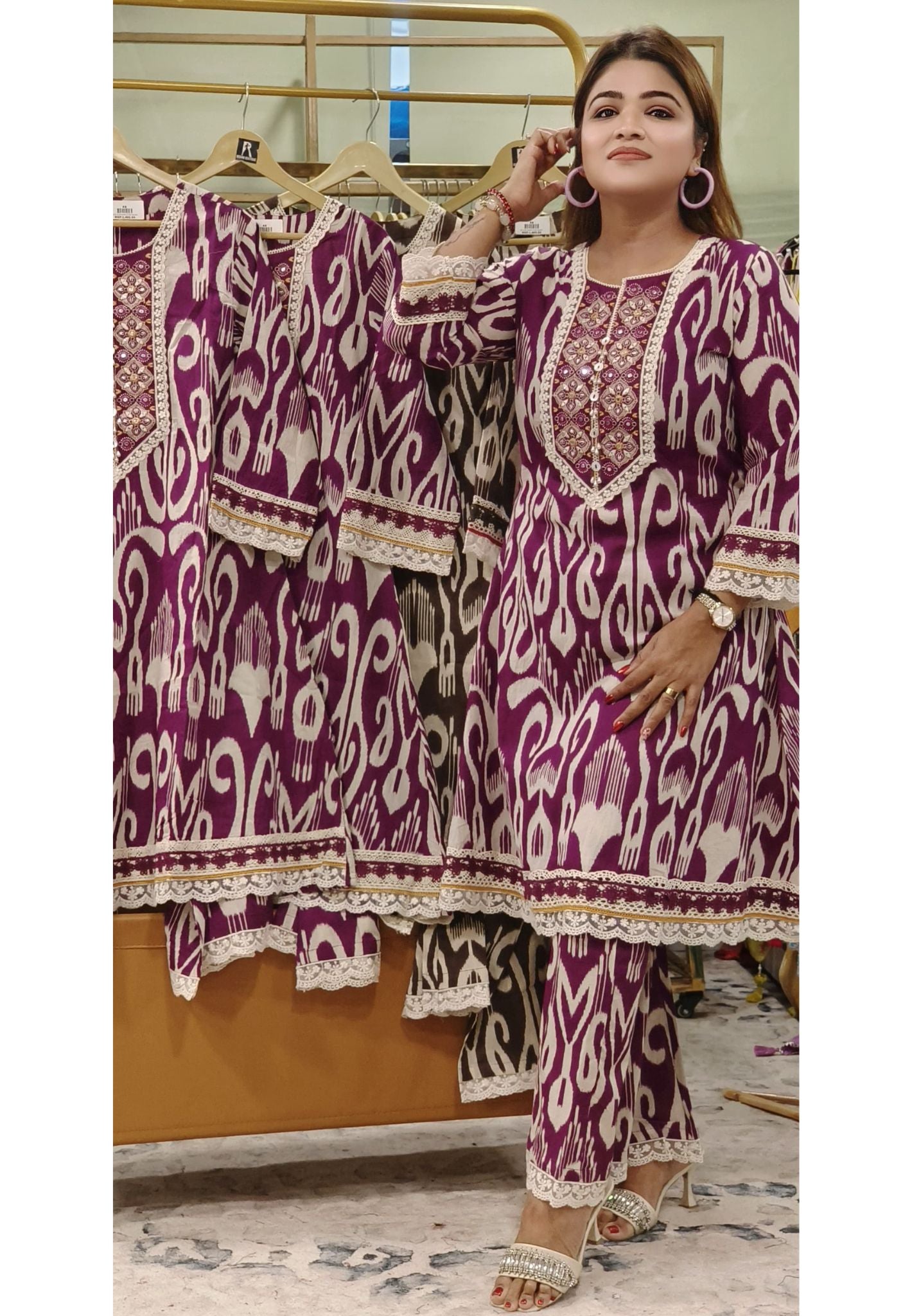 Ikkat Print Aline Flex Cotton Kurta Pant-08484-83