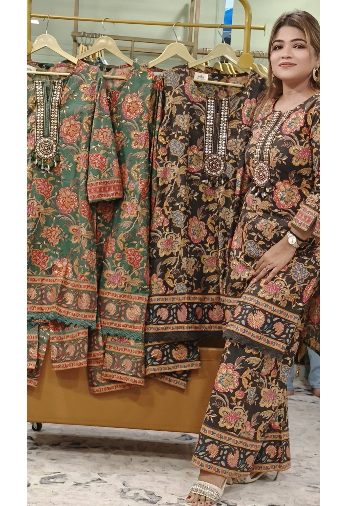 Cotton Flower Print Embroidered Neck Kurta Pant-08502-08486