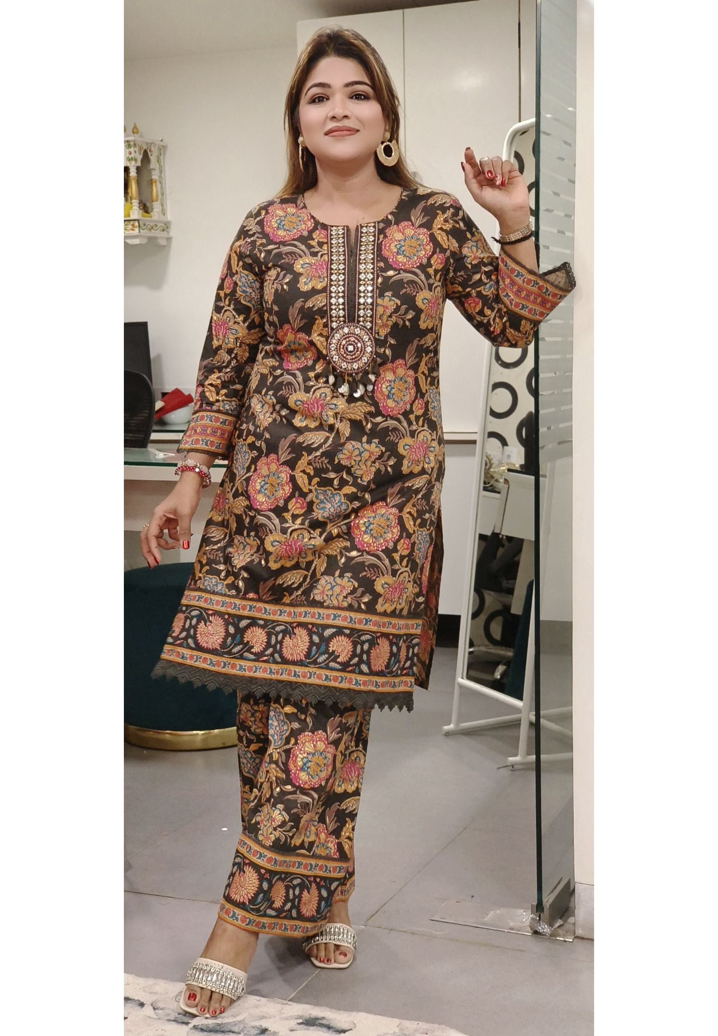 Cotton Flower Print Embroidered Neck Kurta Pant-08502-08486