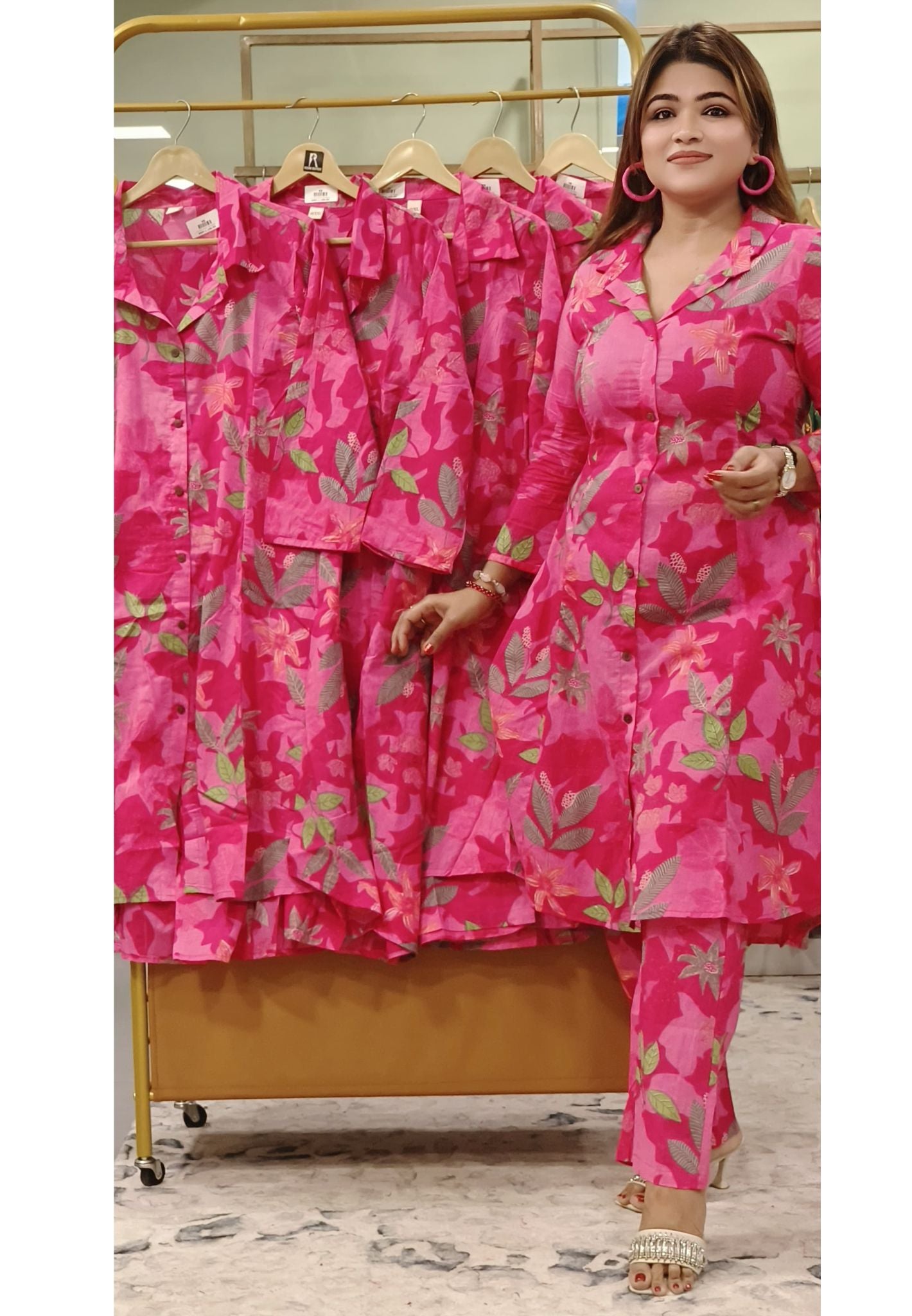 Pink Floral Print Cotton Collar Style Kurta with pant-08493