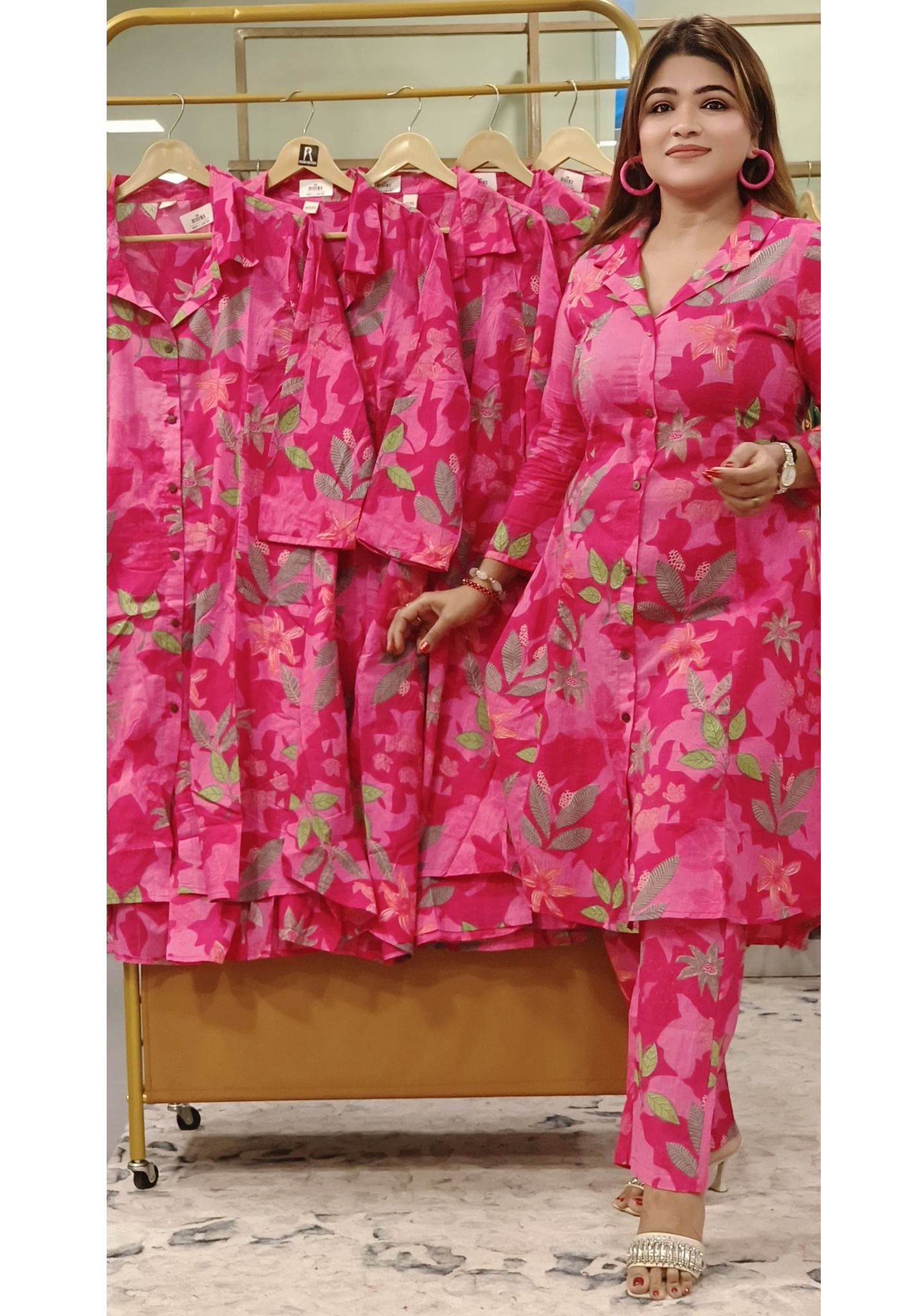 Pink Floral Print Cotton Collar Style Kurta with pant-08493