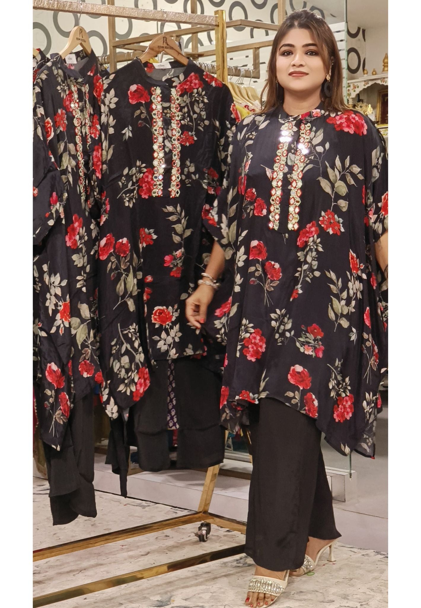 Elegant Floral Print Mirror Embroidered Kaftan with Matching Bottom-08593