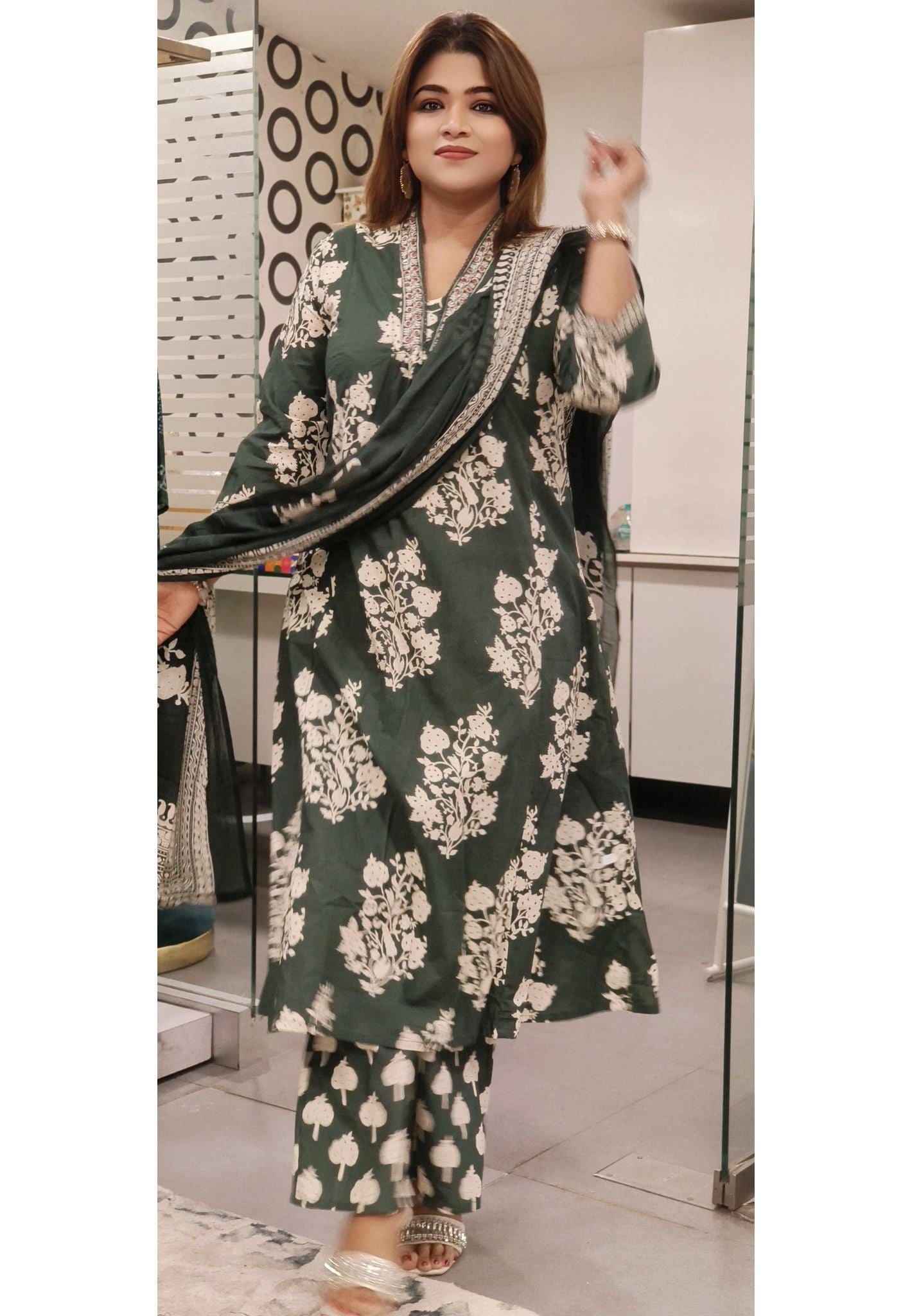 Pure Printed Cotton V-Neck Embroidery A-Line Kurta And Palazzo With Dupatta  -08248-58561-58560