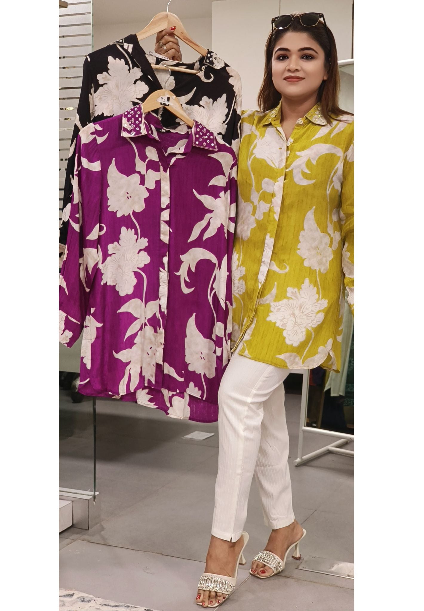 Floral Elegance: Pure Crepe Shirt with Dazzling Collar Embellishment-08543-44-45