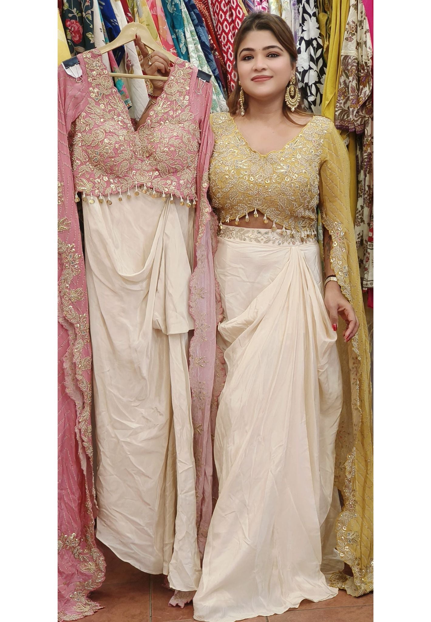 Exquisite Embroidered Party Wear Blouse with Long Stylish Sleeves and Drape-Style Skirt – A Showstopper Ensemble
