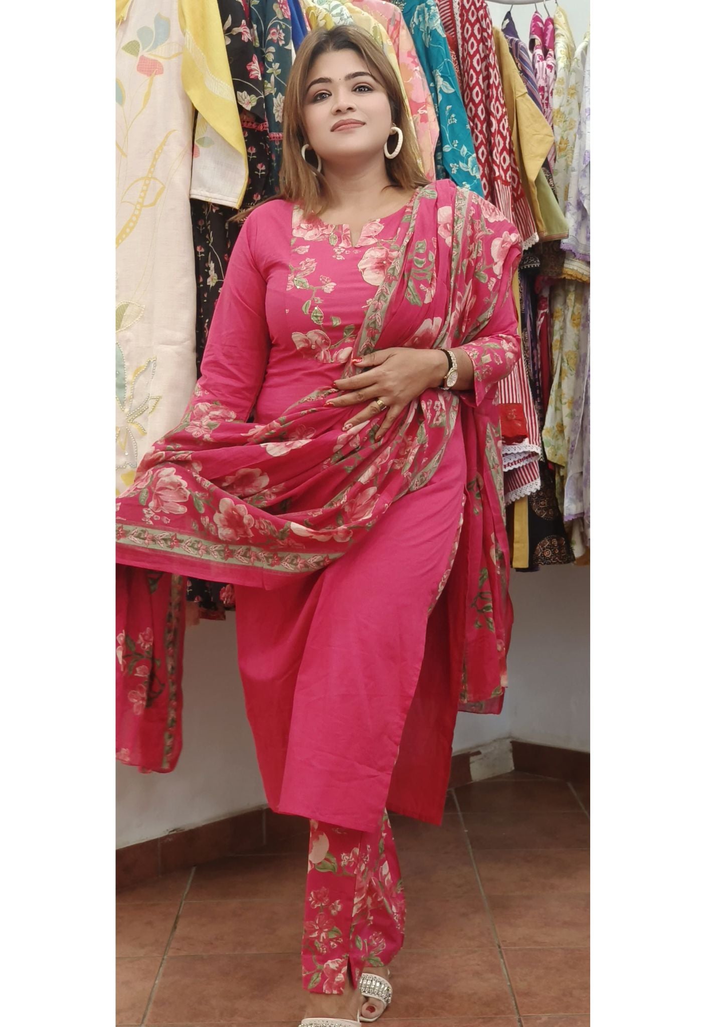 Elegant Pure Cotton Floral Yoke Patch Full Suit Set With Floral bottom – Timeless Comfort and Style-08639