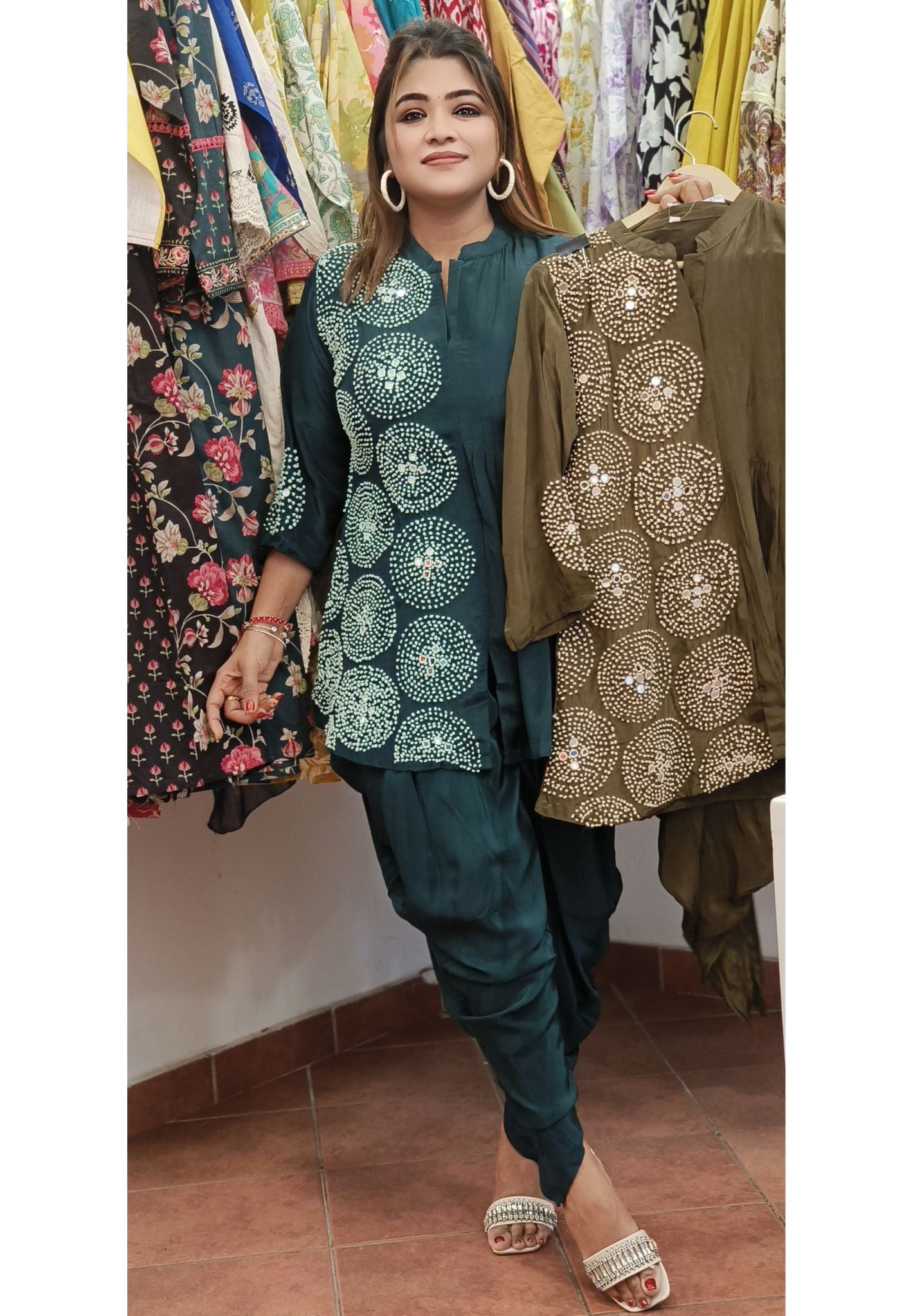 Chic Pure Crepe Indo-Western Peplum Top with Stylish Dhoti Pants – A Fusion of Elegance and Comfort with Embroidery-08596-08595