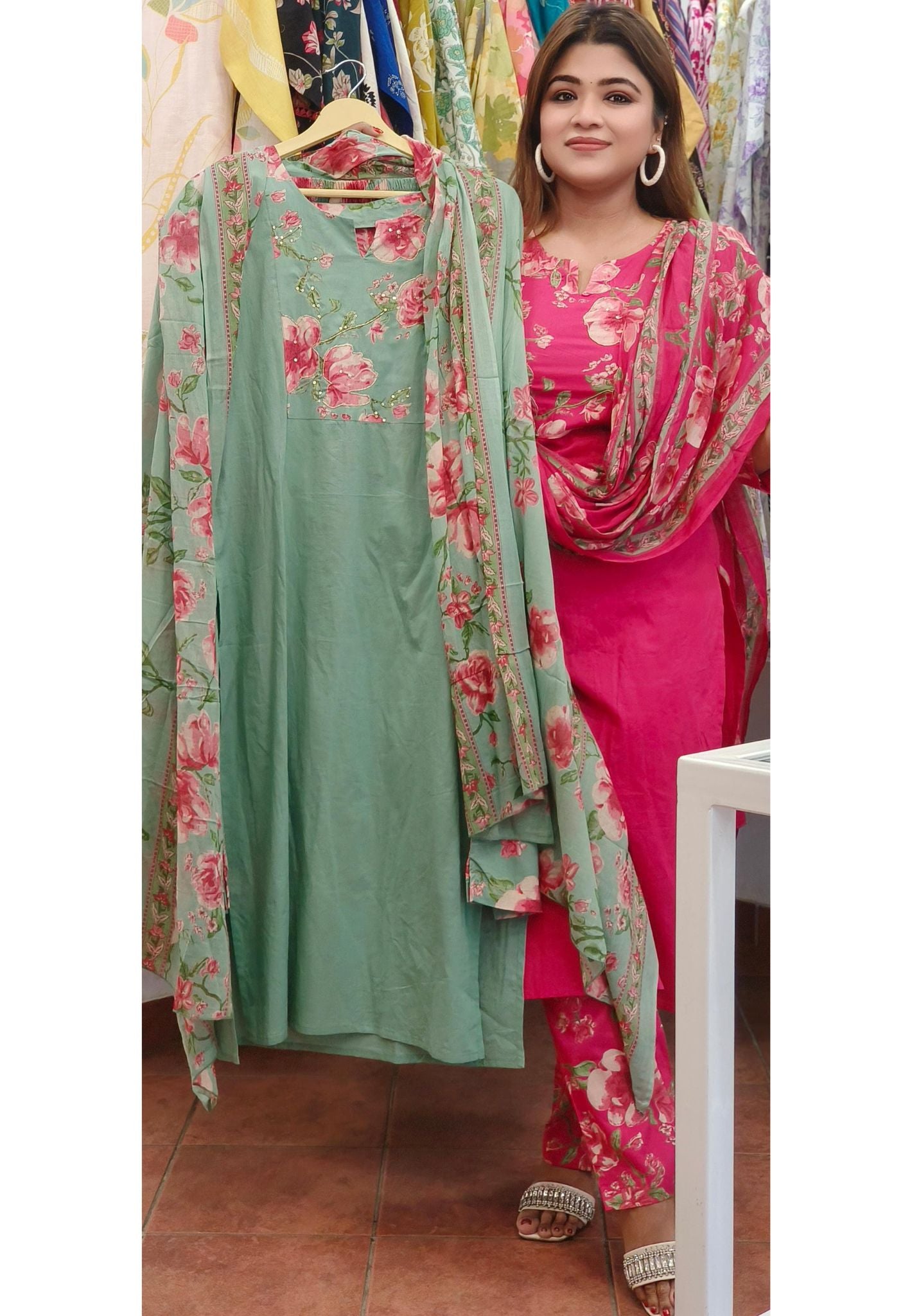 Elegant Pure Cotton Floral Yoke Patch Full Suit Set With Floral bottom – Timeless Comfort and Style-08639