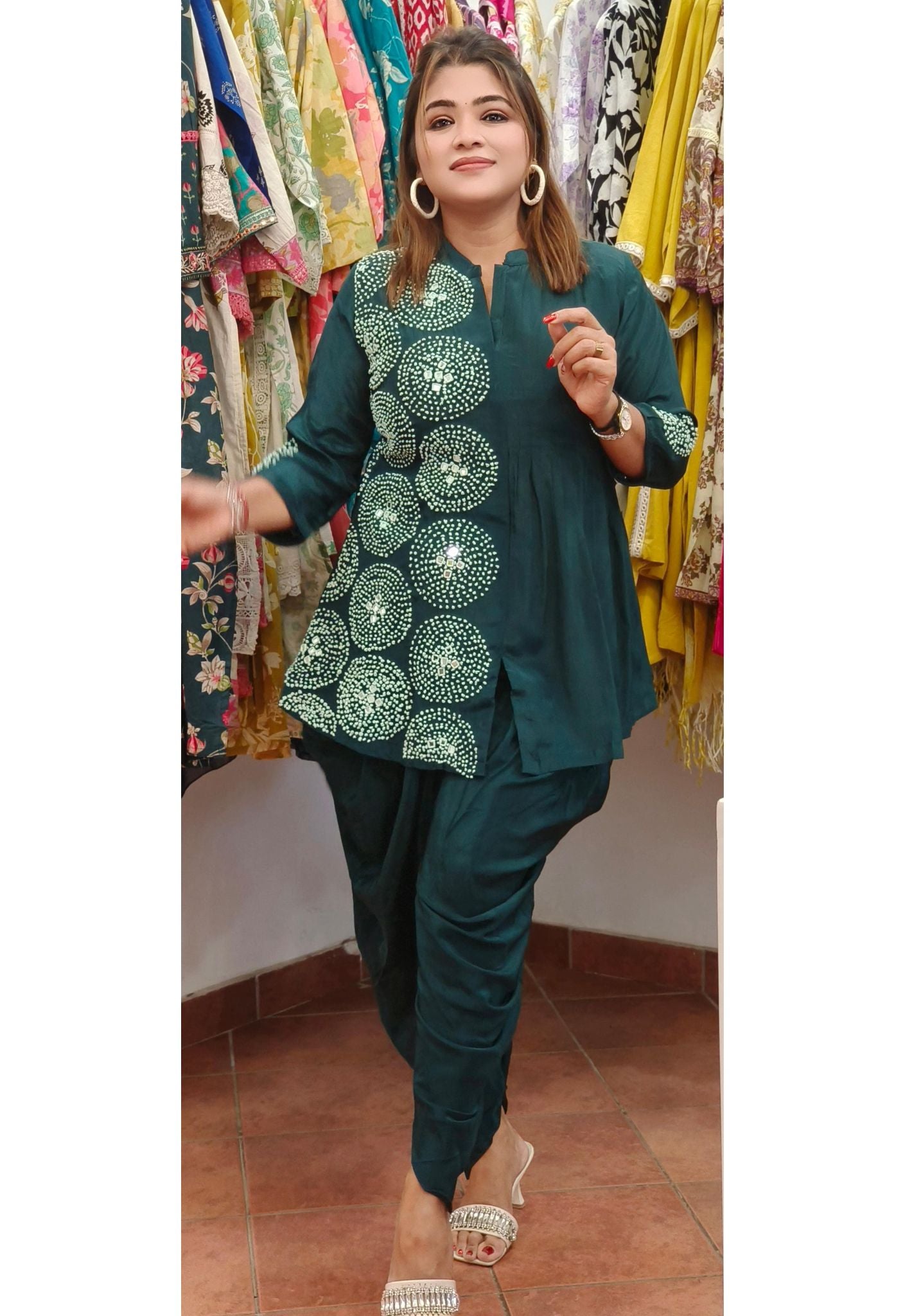 Chic Pure Crepe Indo-Western Peplum Top with Stylish Dhoti Pants – A Fusion of Elegance and Comfort with Embroidery-08596-08595
