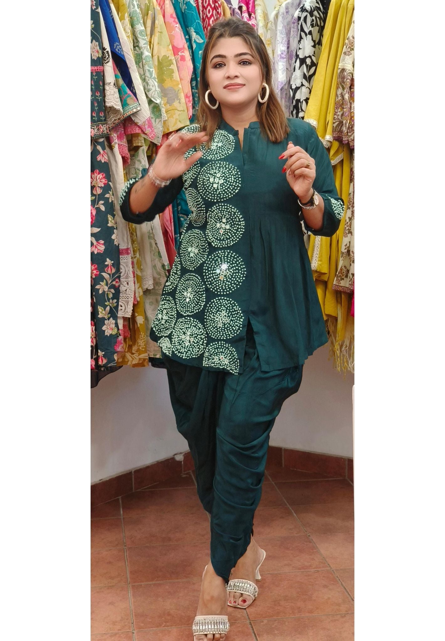 Chic Pure Crepe Indo-Western Peplum Top with Stylish Dhoti Pants – A Fusion of Elegance and Comfort with Embroidery-08596-08595