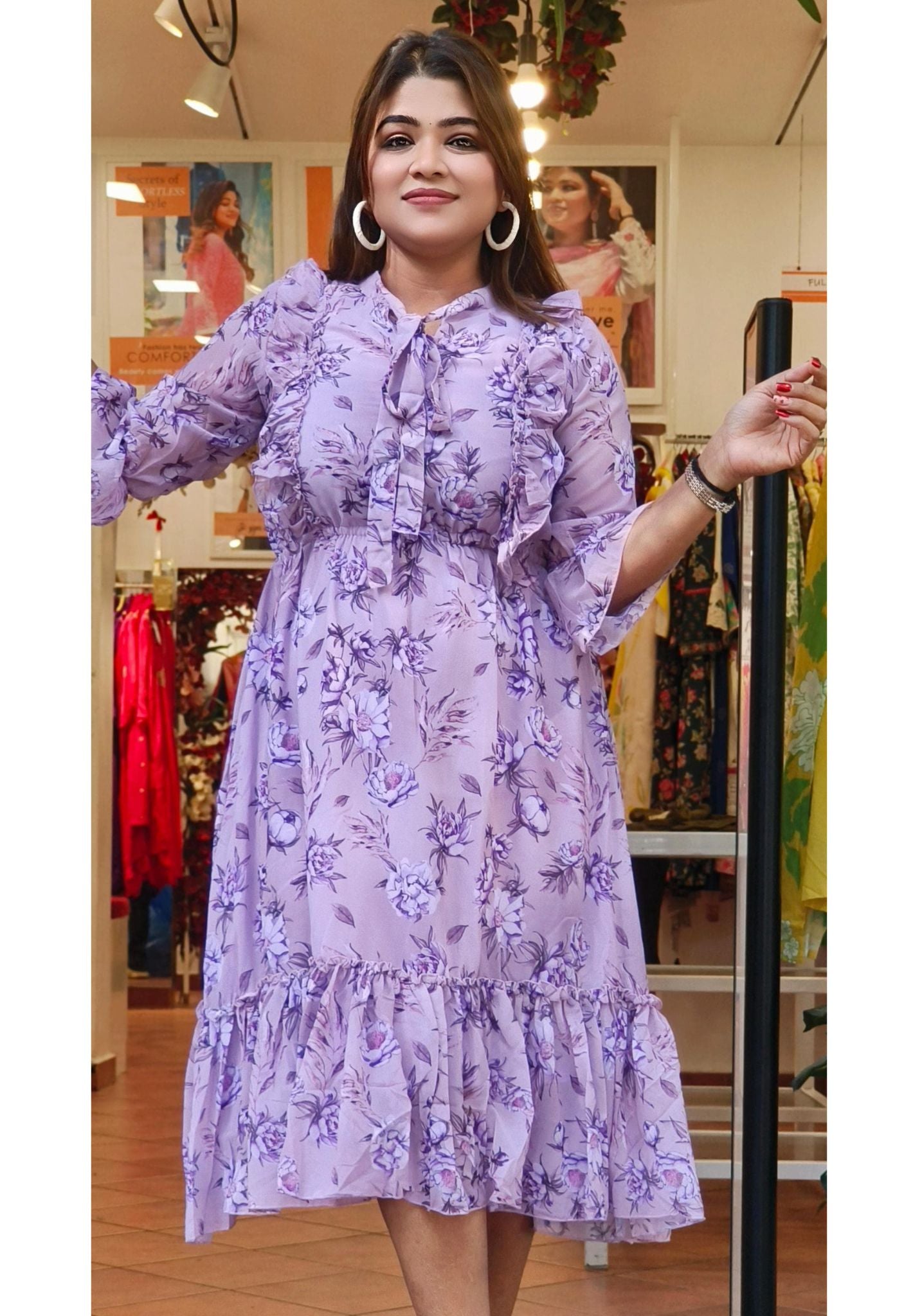 Soft Lavender Semi-Georgette Floral Print Frock – Graceful Elegance in Every Detail-08675