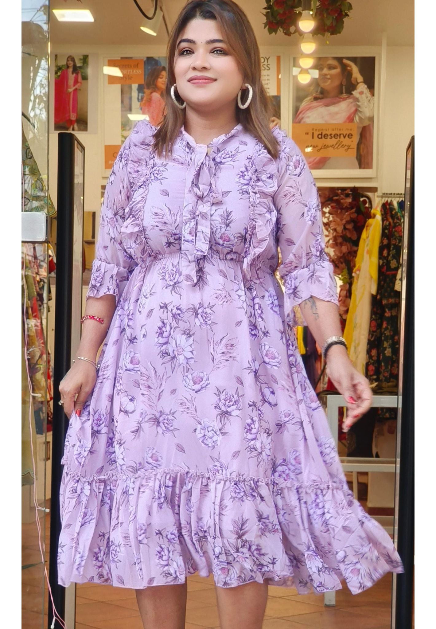 Soft Lavender Semi-Georgette Floral Print Frock – Graceful Elegance in Every Detail-08675