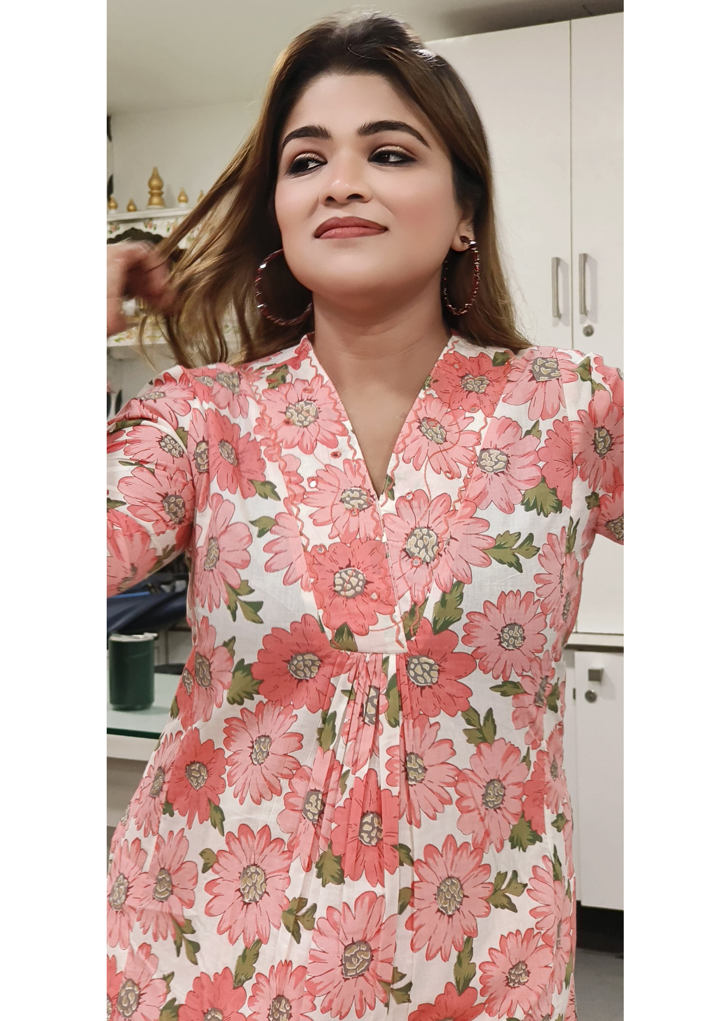 Elegant Peach Pink Green Floral Print A-Line Kurta with Matching loose palazzo Pants in Pure Cotton – Perfect for Everyday Style-08699