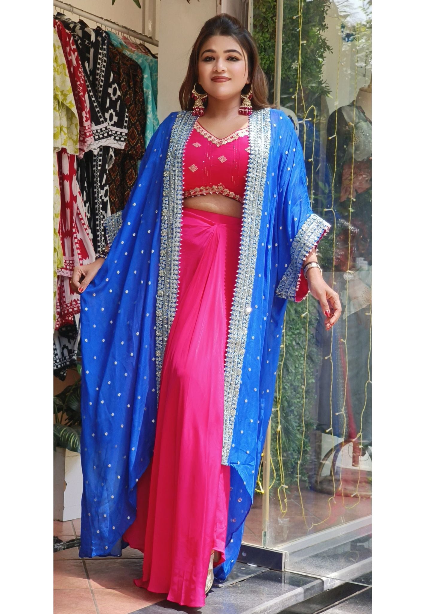 Elegant Organza Embroidered Jacket with Intricate Crepe Top and Stylish Dhoti Skirt-08734