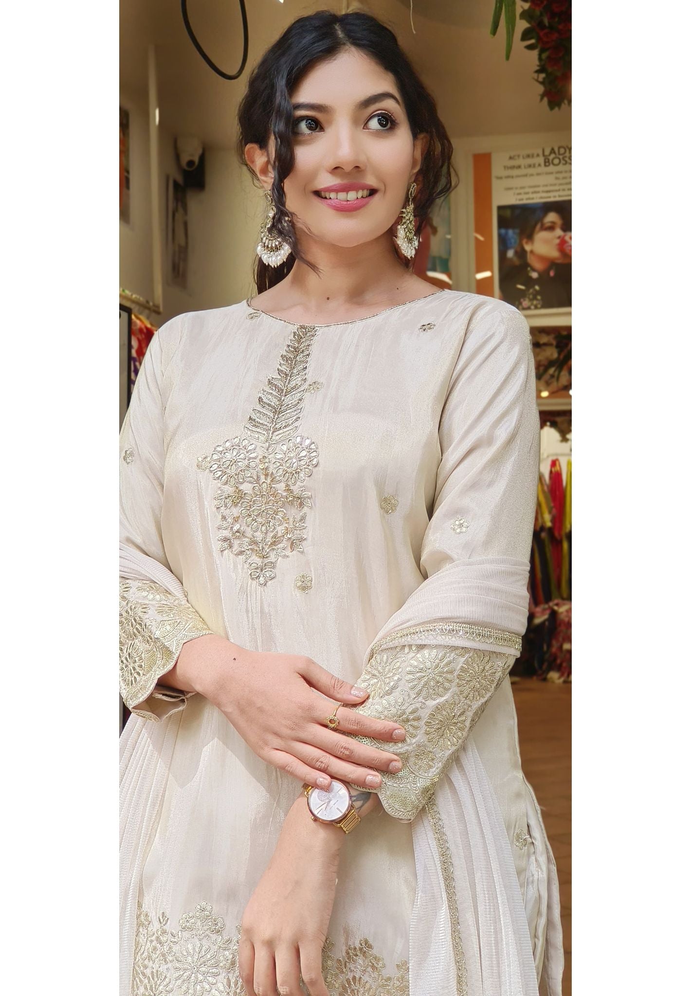 Graceful Ivory Shimmer Tissue Gotta Patti Embroidered Top with Matching Sharara and Netted Dupatta