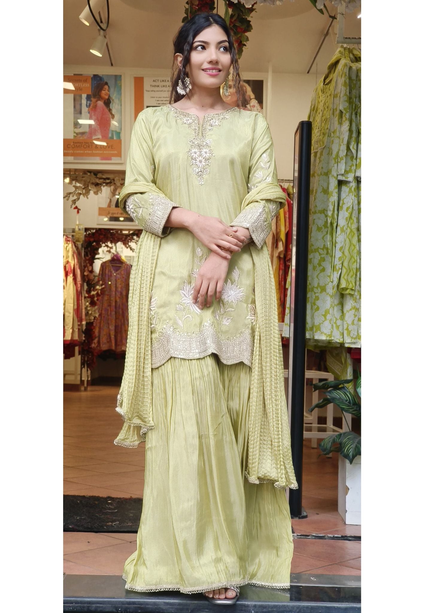 Elegant Green Shimmer Tissue Thread Embroidered Top with Flared Sharara and Crushed Dupatta
