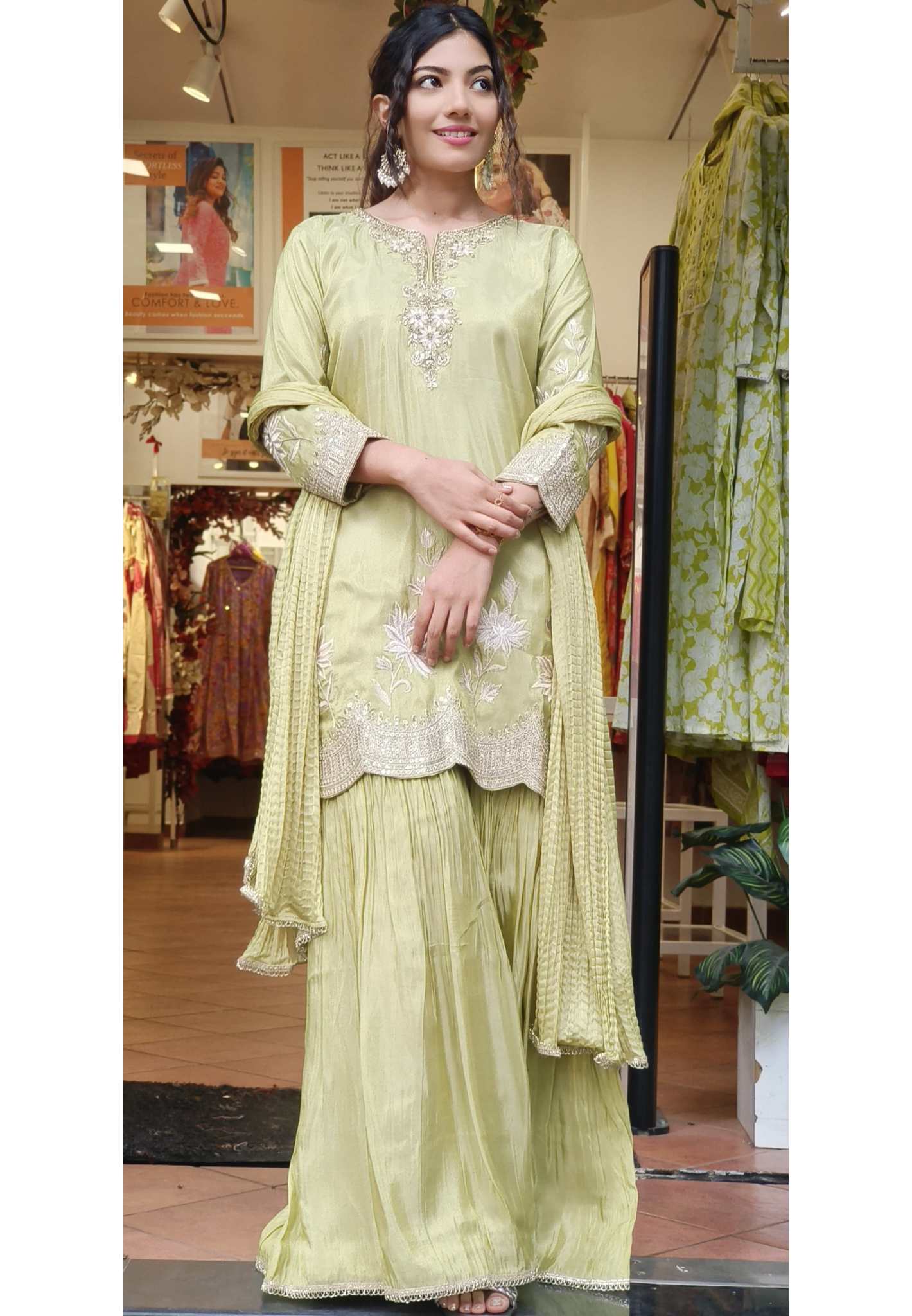 Elegant Green Shimmer Tissue Thread Embroidered Top with Flared Sharara and Crushed Dupatta