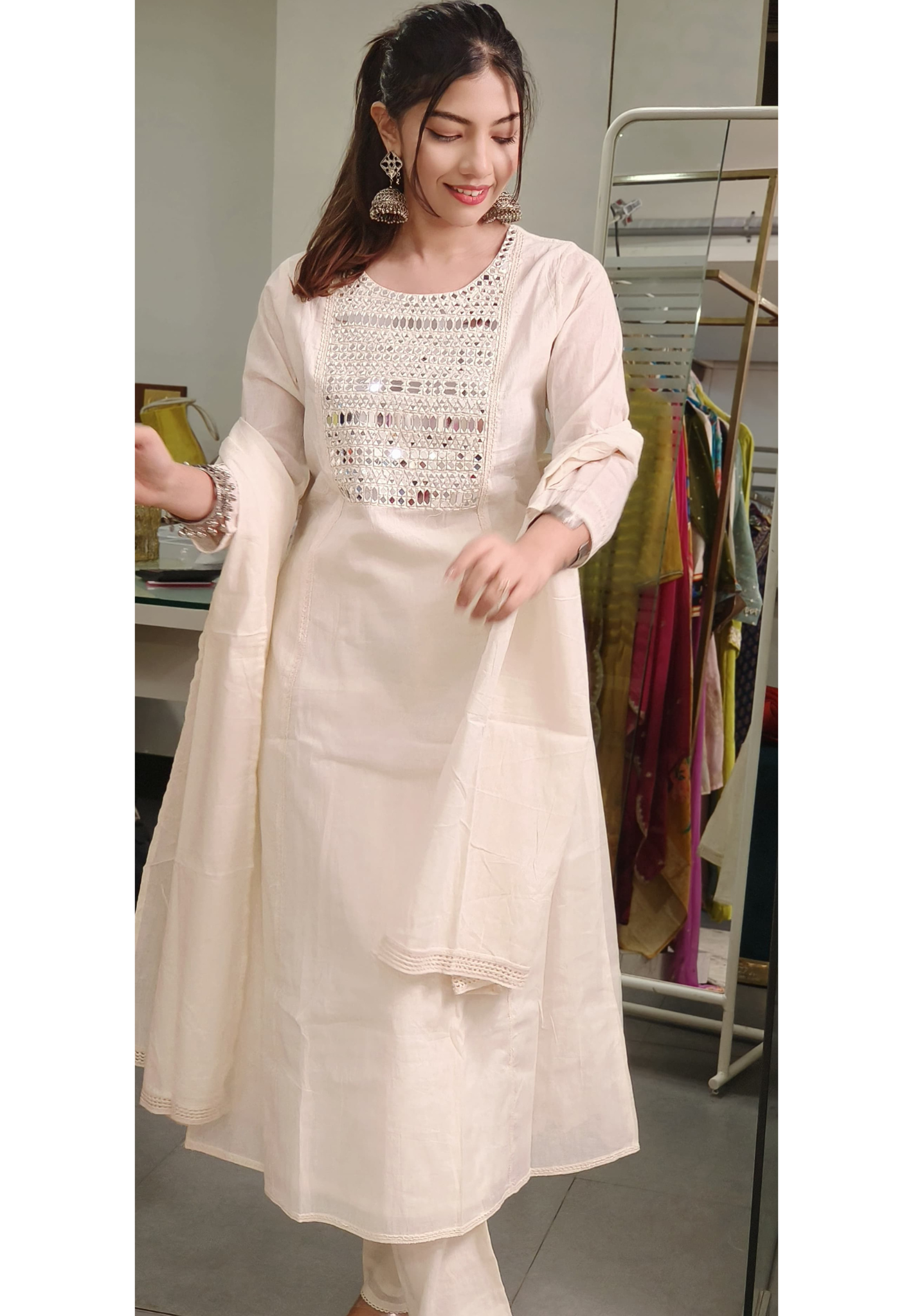 Real mirror Embroidered neck Flex cotton Full Suit Set with cotton dupatta DRY WASH-05286-87