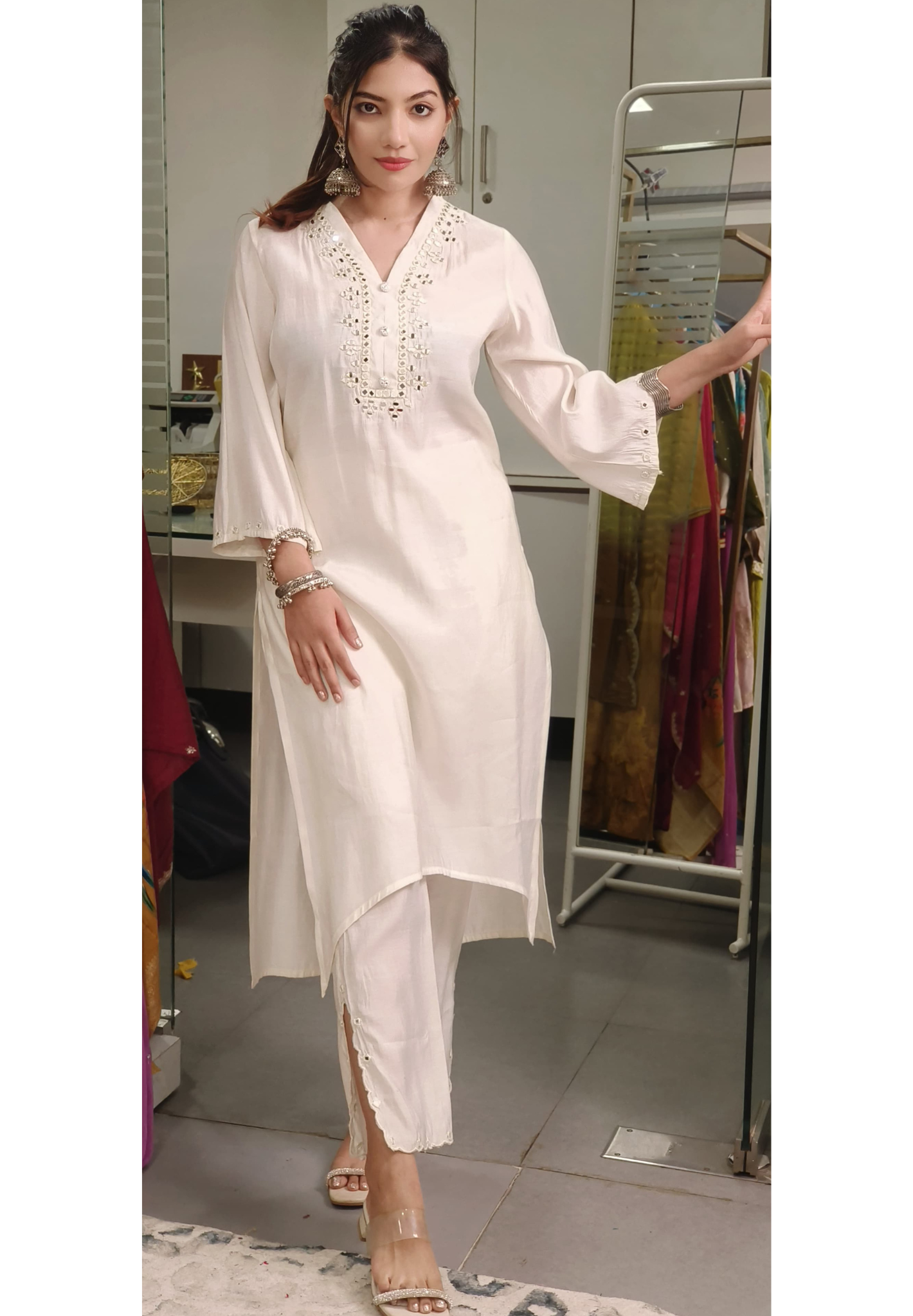 Real Mirror Embroidered Neck High Low Kurta Pant -07165