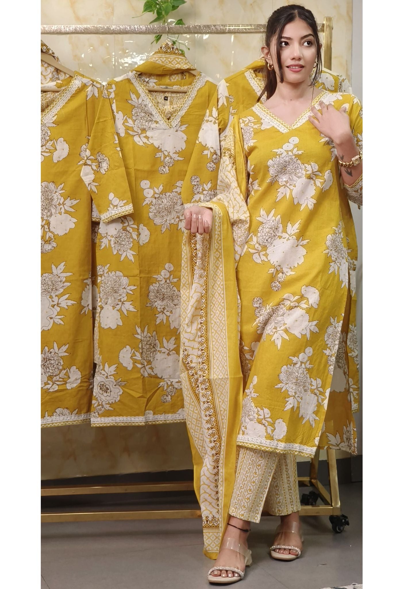 Sunlit Elegance Yellow Floral Print Cotton V-Neck Kurta Set with Dupatta-08517