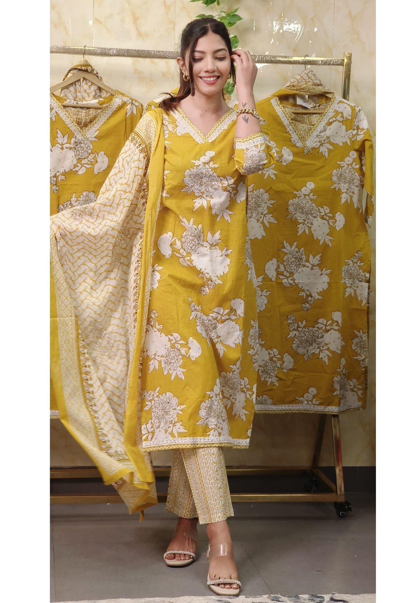 Sunlit Elegance Yellow Floral Print Cotton V-Neck Kurta Set with Dupatta-08517