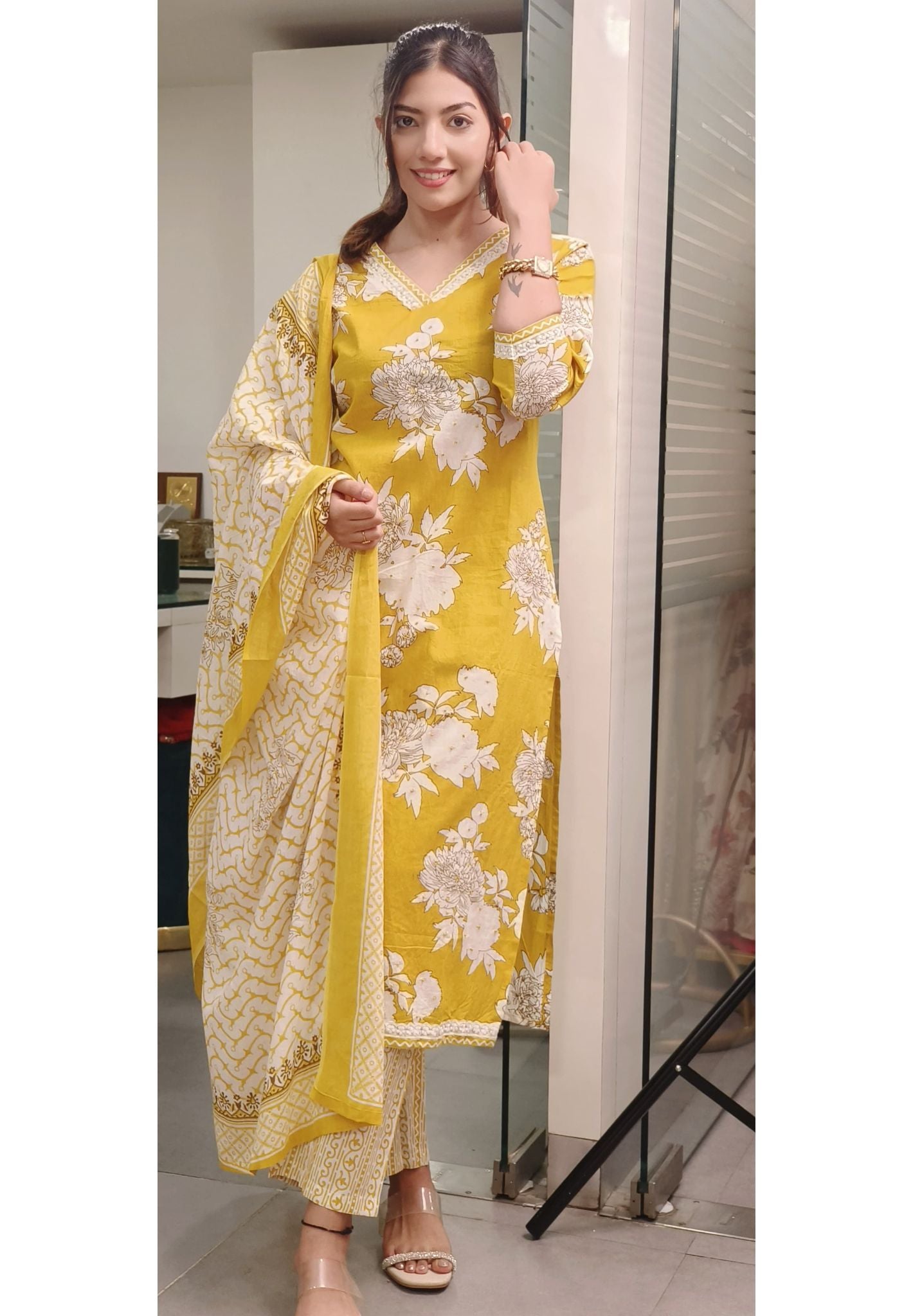 Sunlit Elegance Yellow Floral Print Cotton V-Neck Kurta Set with Dupatta-08517