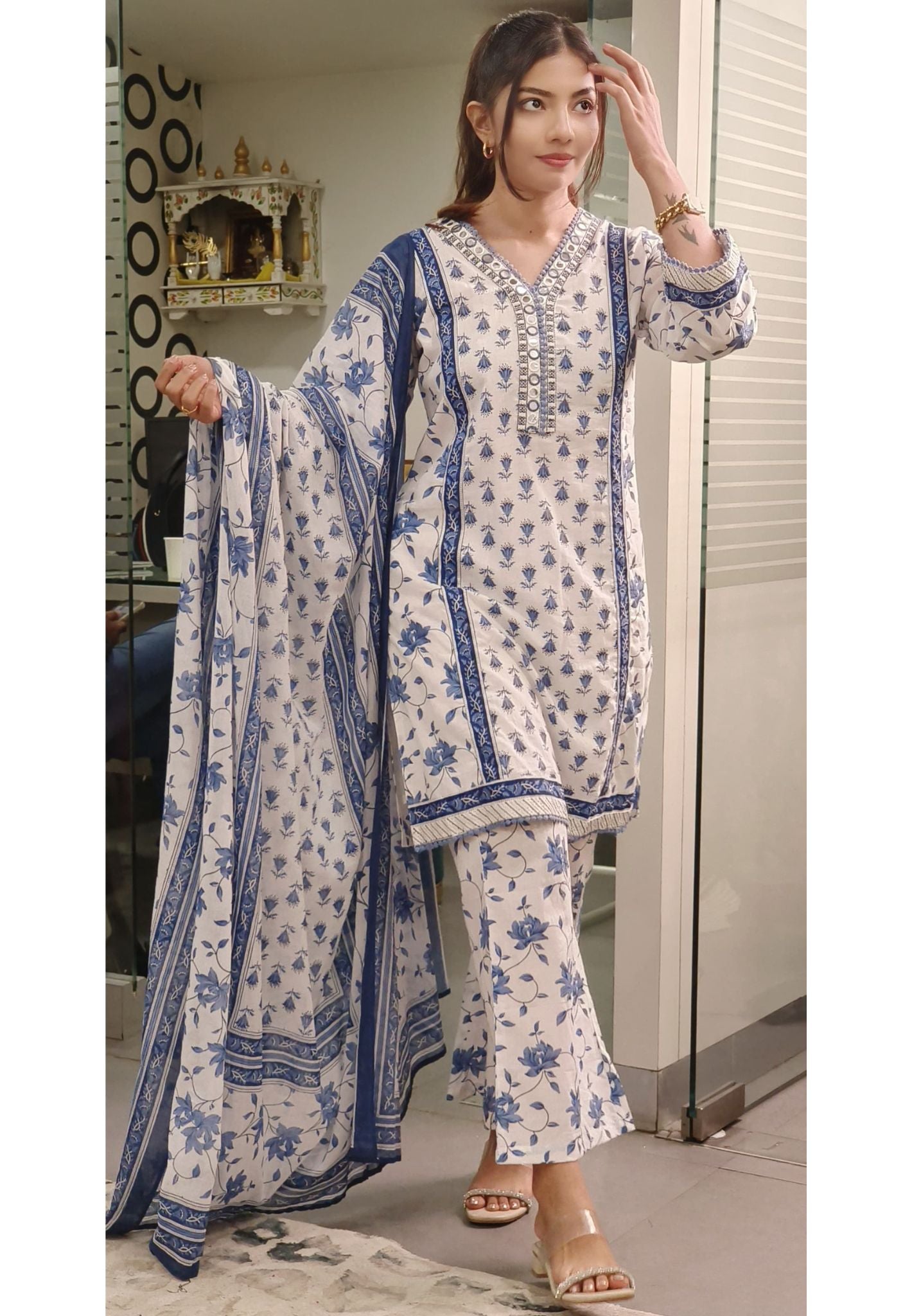 Pure Printed Cotton Foil Mirror Work Short Style Kurta With Taper Pants And Dupatta-08565/08567