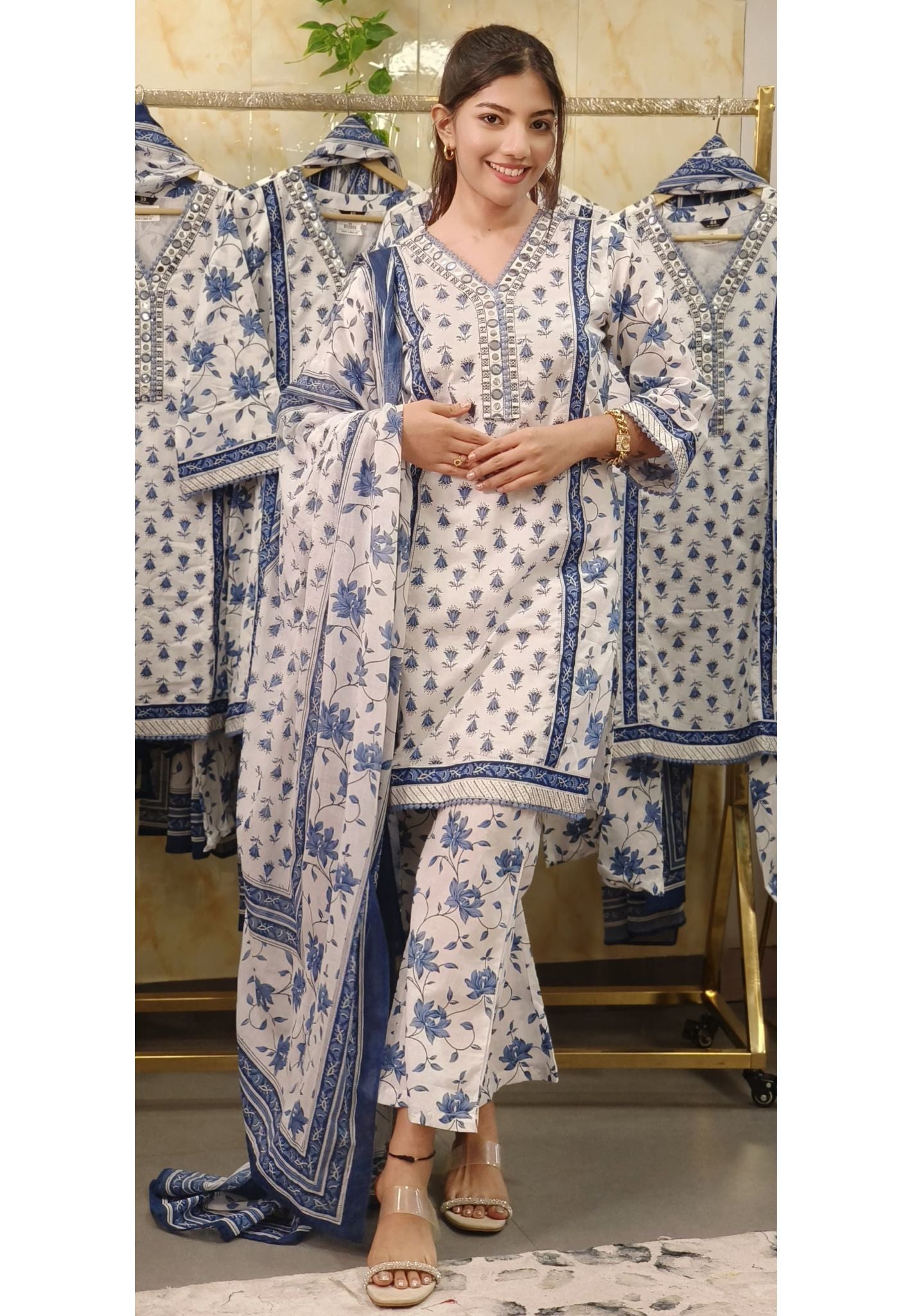 Pure Printed Cotton Foil Mirror Work Short Style Kurta With Taper Pants And Dupatta-08565/08567