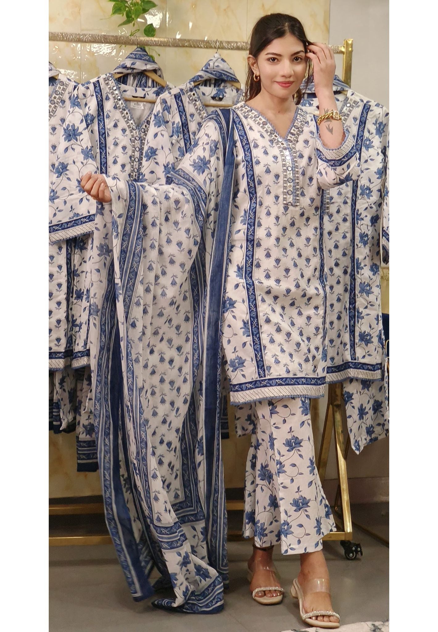 Pure Printed Cotton Foil Mirror Work Short Style Kurta With Taper Pants And Dupatta-08565/08567