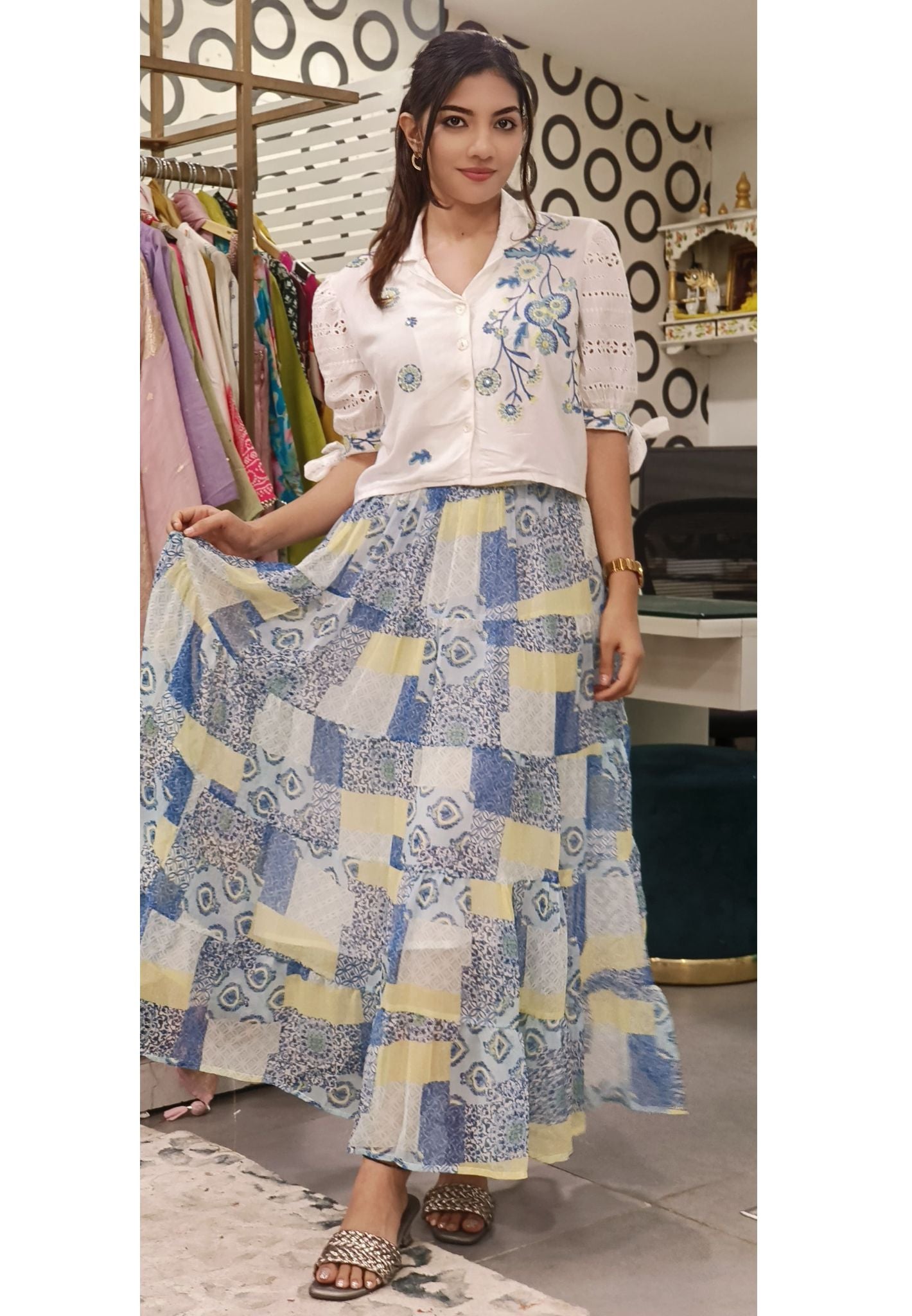 Embroidered Crop Top with Printed Chiffon Skirt – Elegant Co-Ord Set-08760