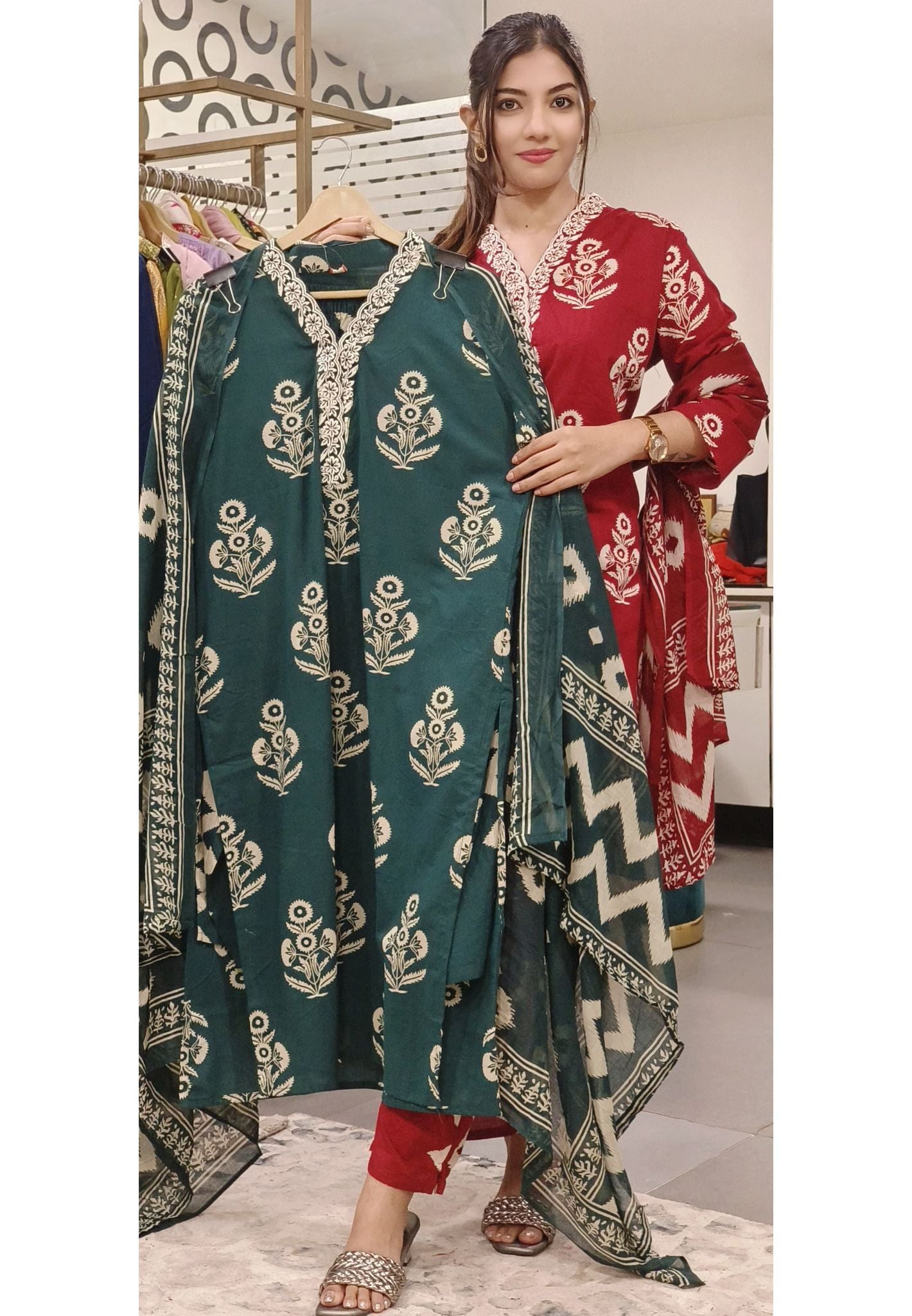 Pure Cotton V-Neck Embroidered Kurta Pant Set with Elegant Dupatta-08778