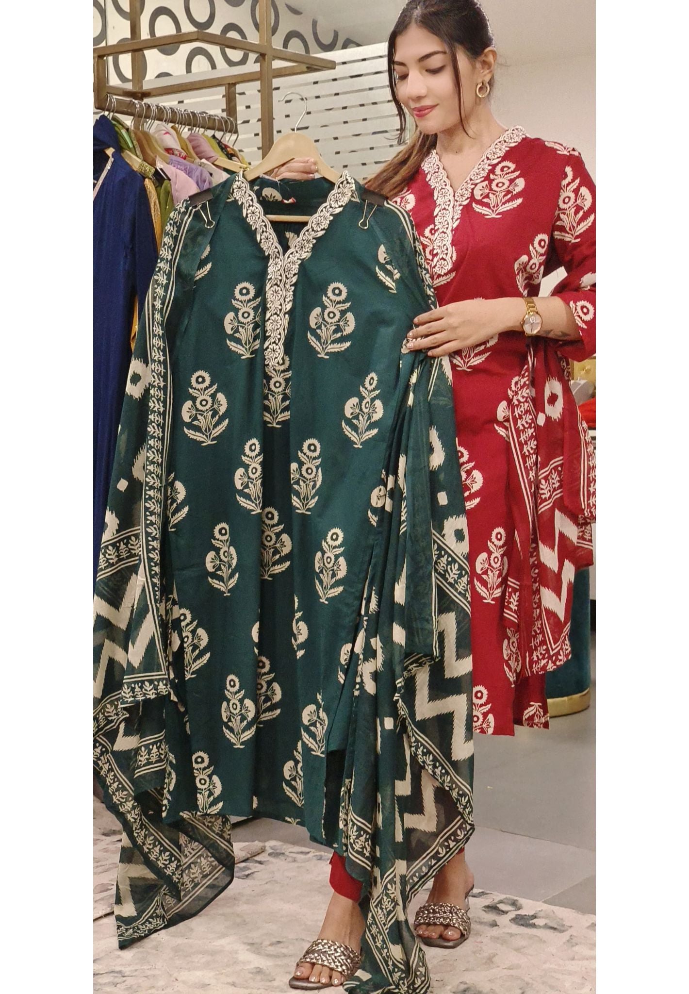 Pure Cotton V-Neck Embroidered Kurta Pant Set with Elegant Dupatta-08778