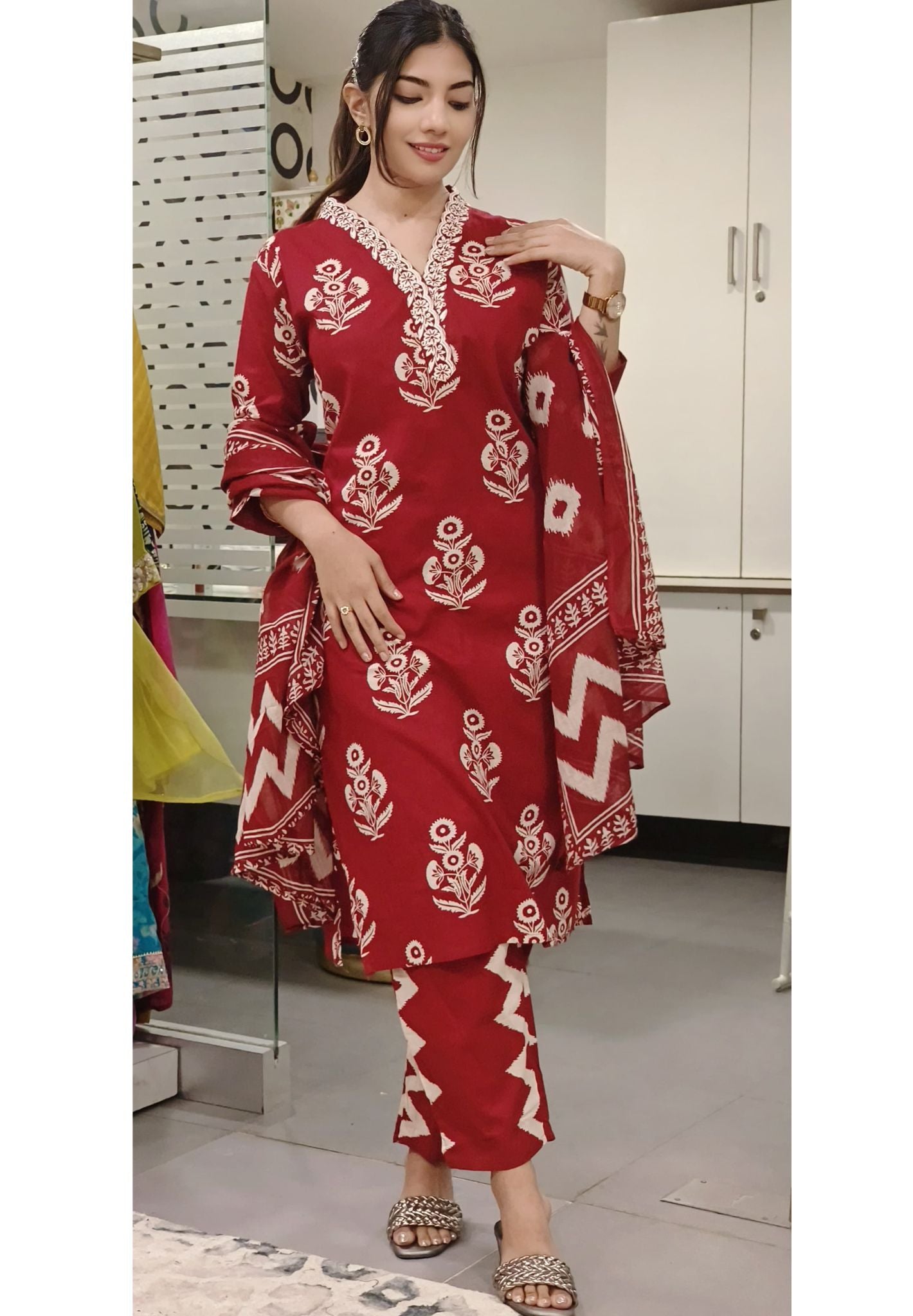 Pure Cotton V-Neck Embroidered Kurta Pant Set with Elegant Dupatta-08778