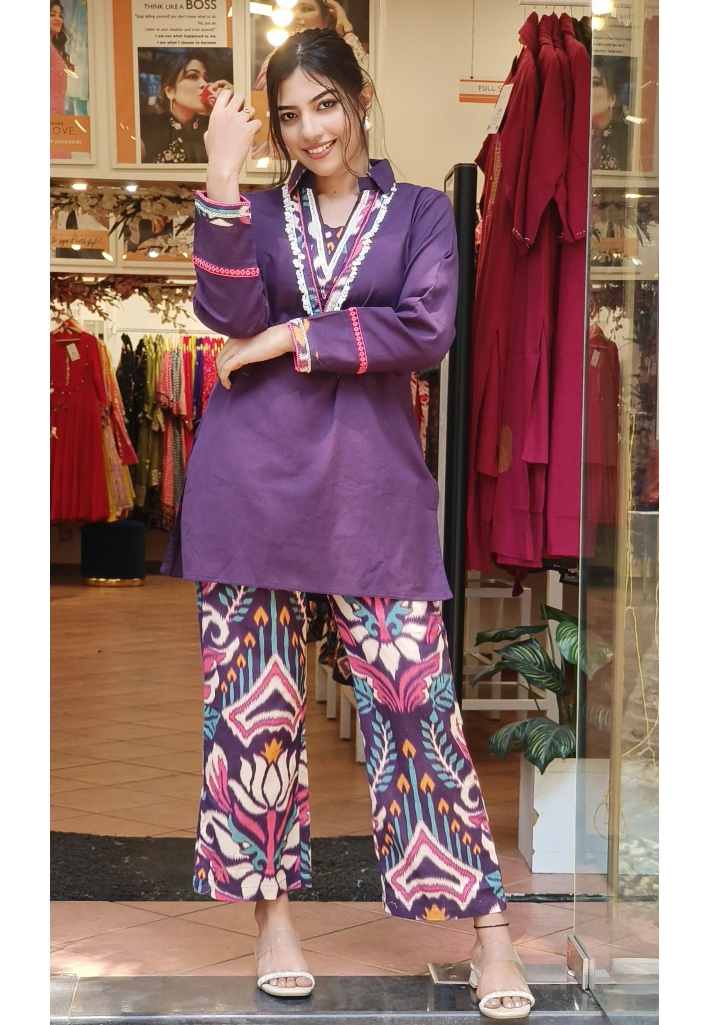 Elegant Collar Style Cotton Kurta with Matching Printed Pants – A Perfect Blend of Style and Comfort